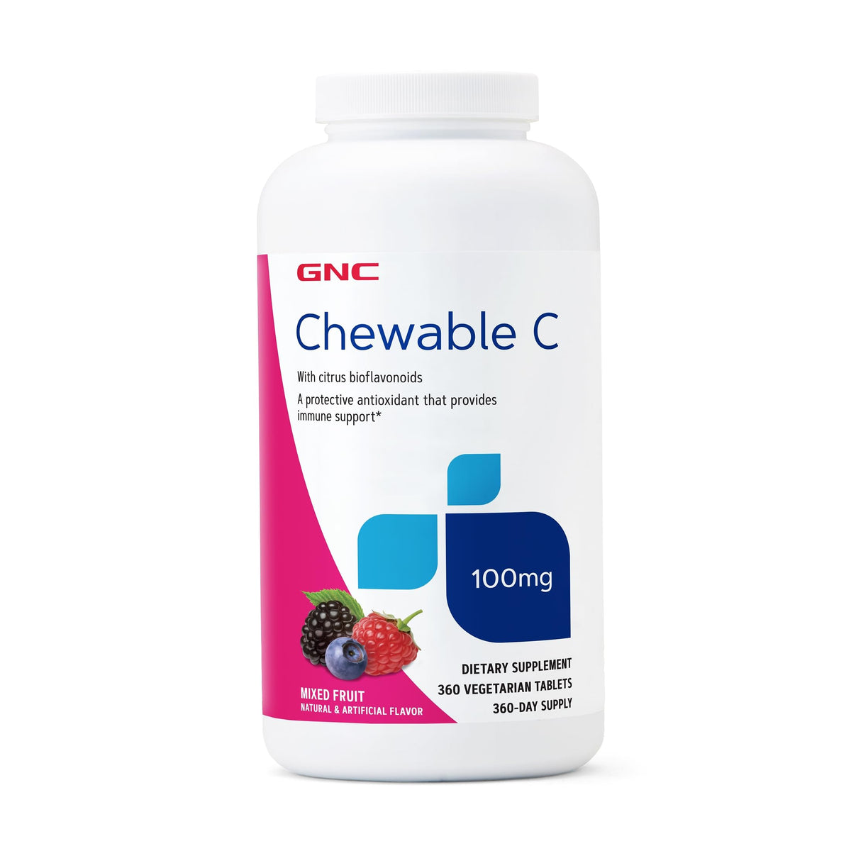 GNC Vitamine C 100mg 360 comprimés à mâcher saveur mixte, vue de face