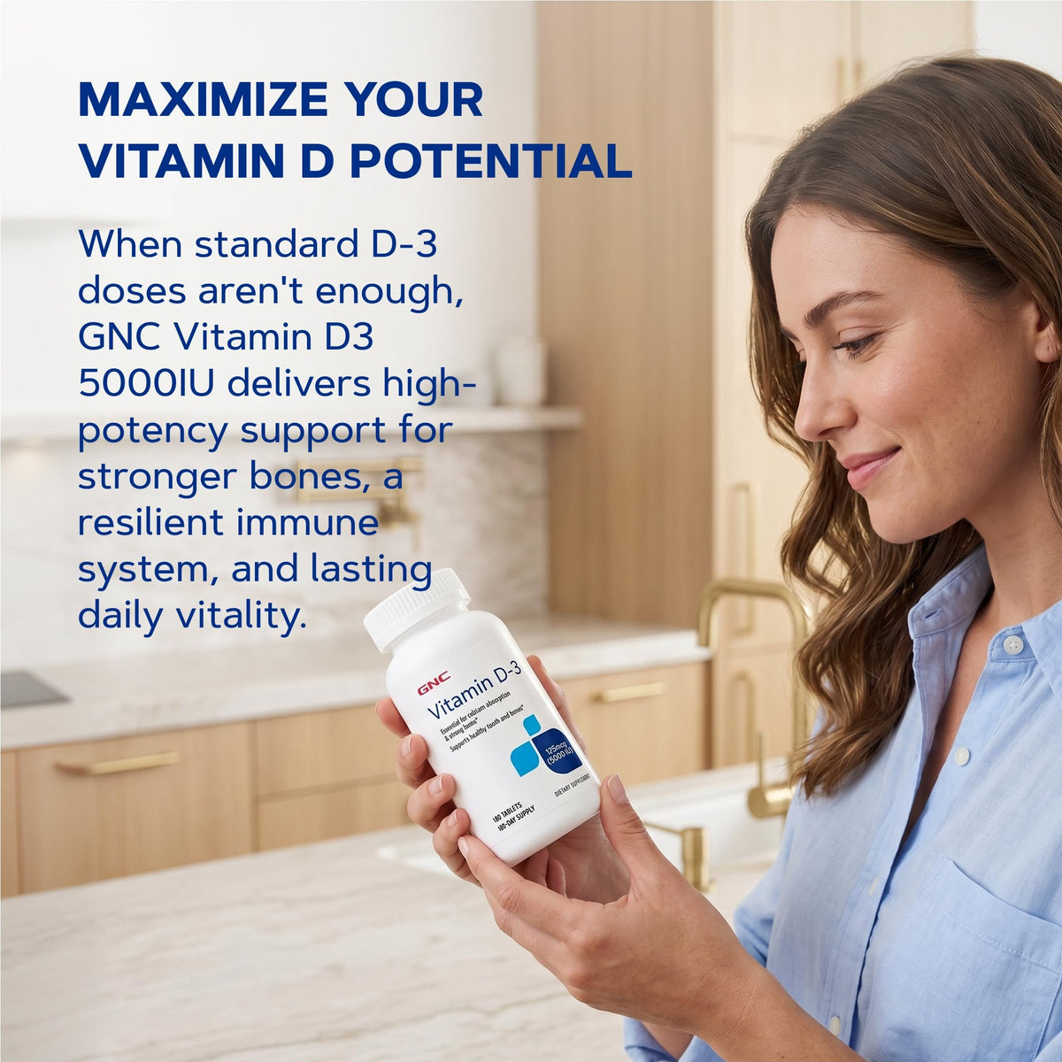GNC Vitamine D3 125mcg, tablette dans une main
