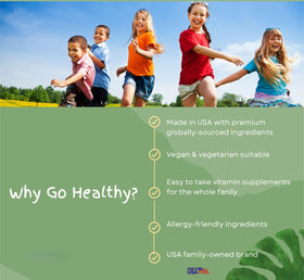Go Healthy Natural Multivitamine Liquide Enfants 30 Servings à côté d'un verre