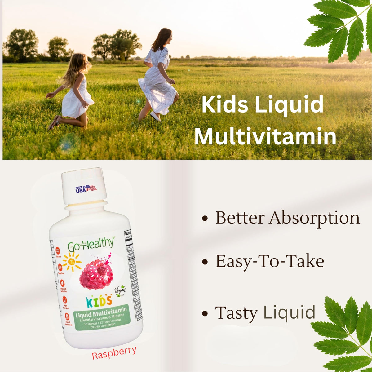 Go Healthy Natural Multivitamine Liquide Enfants 30 Servings en verre avec eau