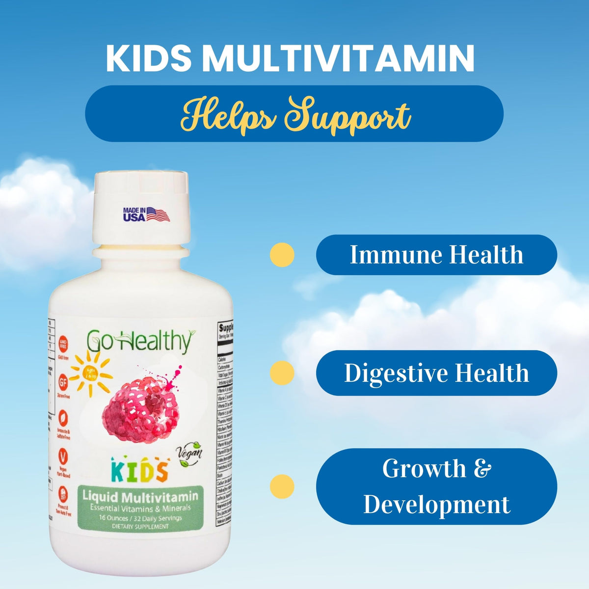 Go Healthy Natural Multivitamine Liquide Enfants 30 Servings présentation sur une table