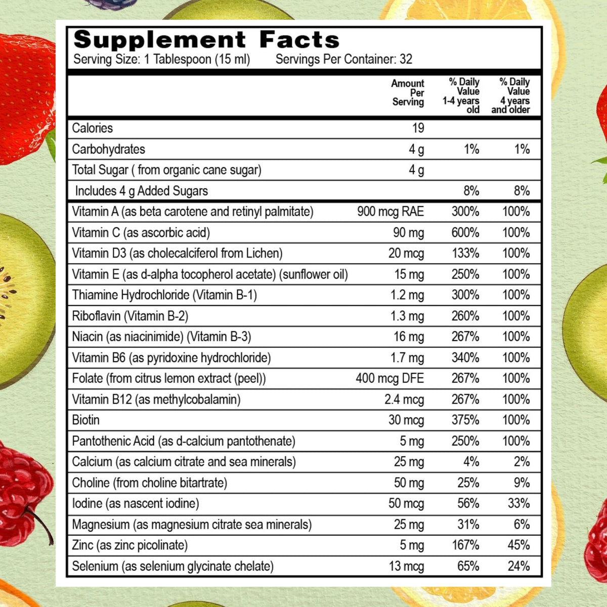 Go Healthy Natural Multivitamine Liquide Pêche Mangue bouteille sur une table