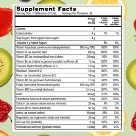 Go Healthy Natural Multivitamine Liquide Pêche Mangue bouteille sur une table