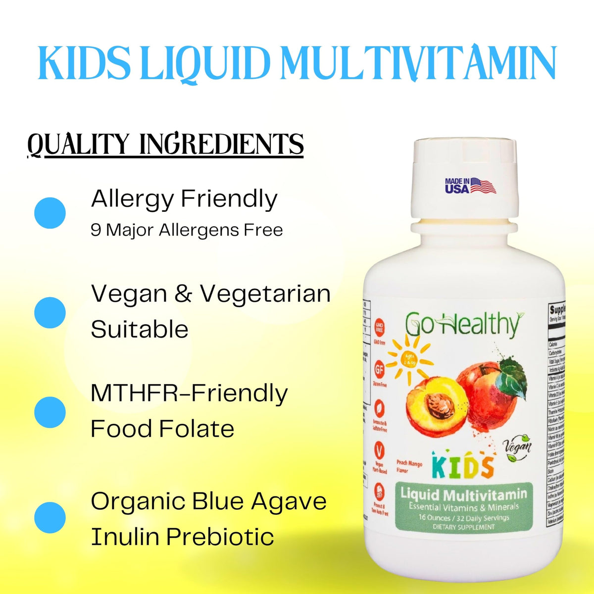 Go Healthy Natural Multivitamine Liquide Pêche Mangue dosage dans une cuillère