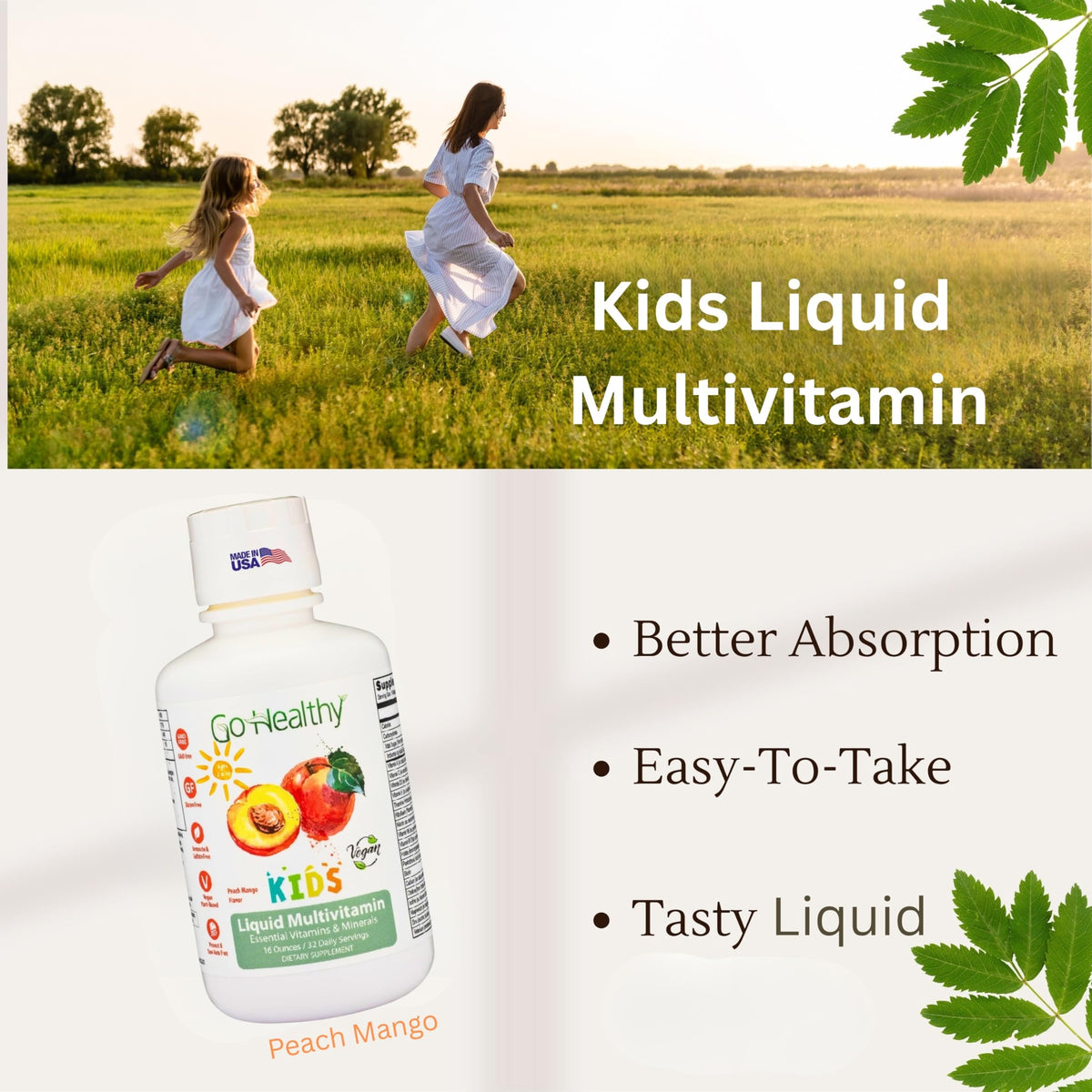 Go Healthy Natural Multivitamine Liquide Pêche Mangue étiquette avec ingrédients