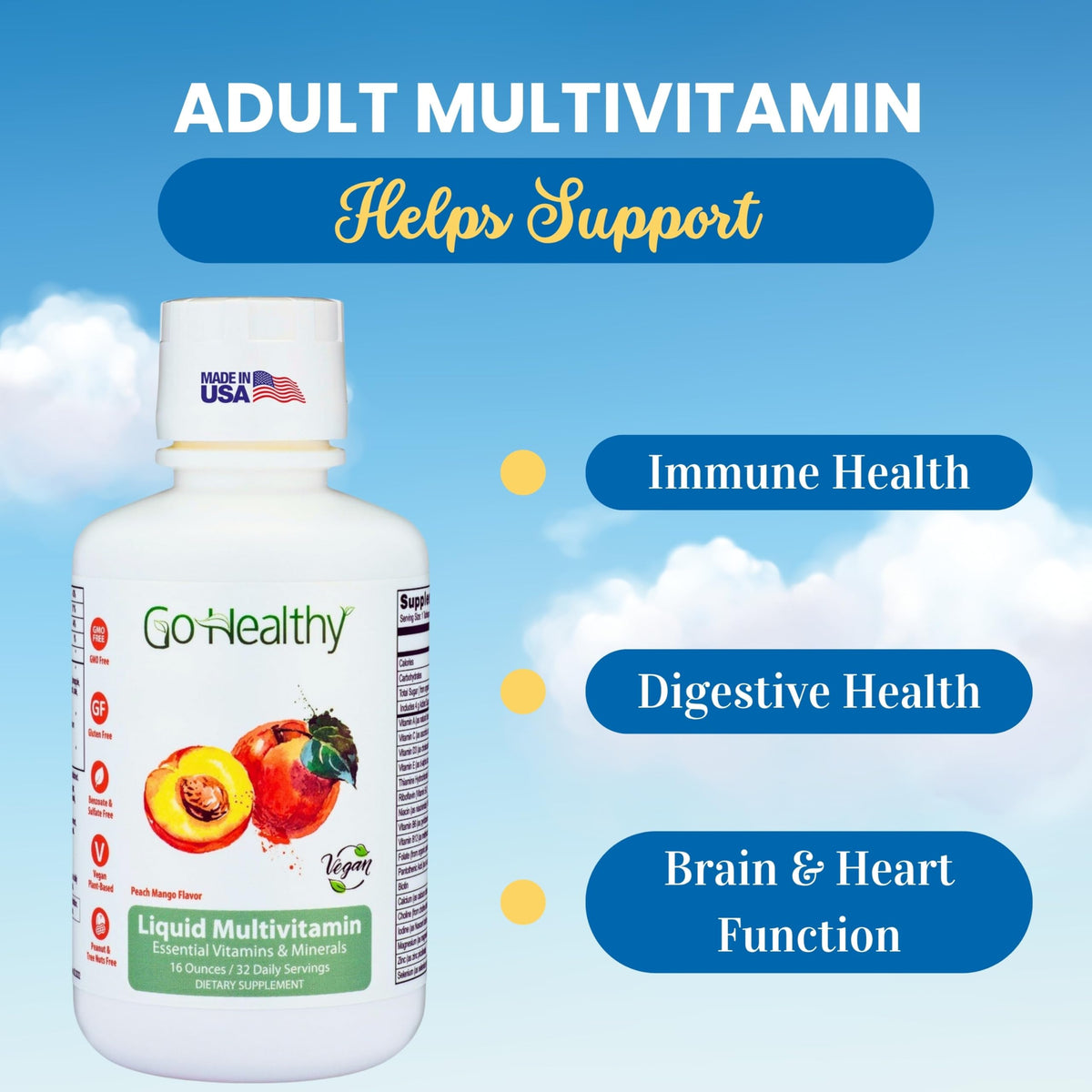 Go Healthy Natural Multivitamines Liquides 32 Portions Pêche Mangue contenu