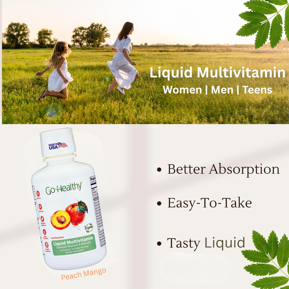 Go Healthy Natural Multivitamines Liquides 32 Portions Pêche Mangue cuillère doseuse