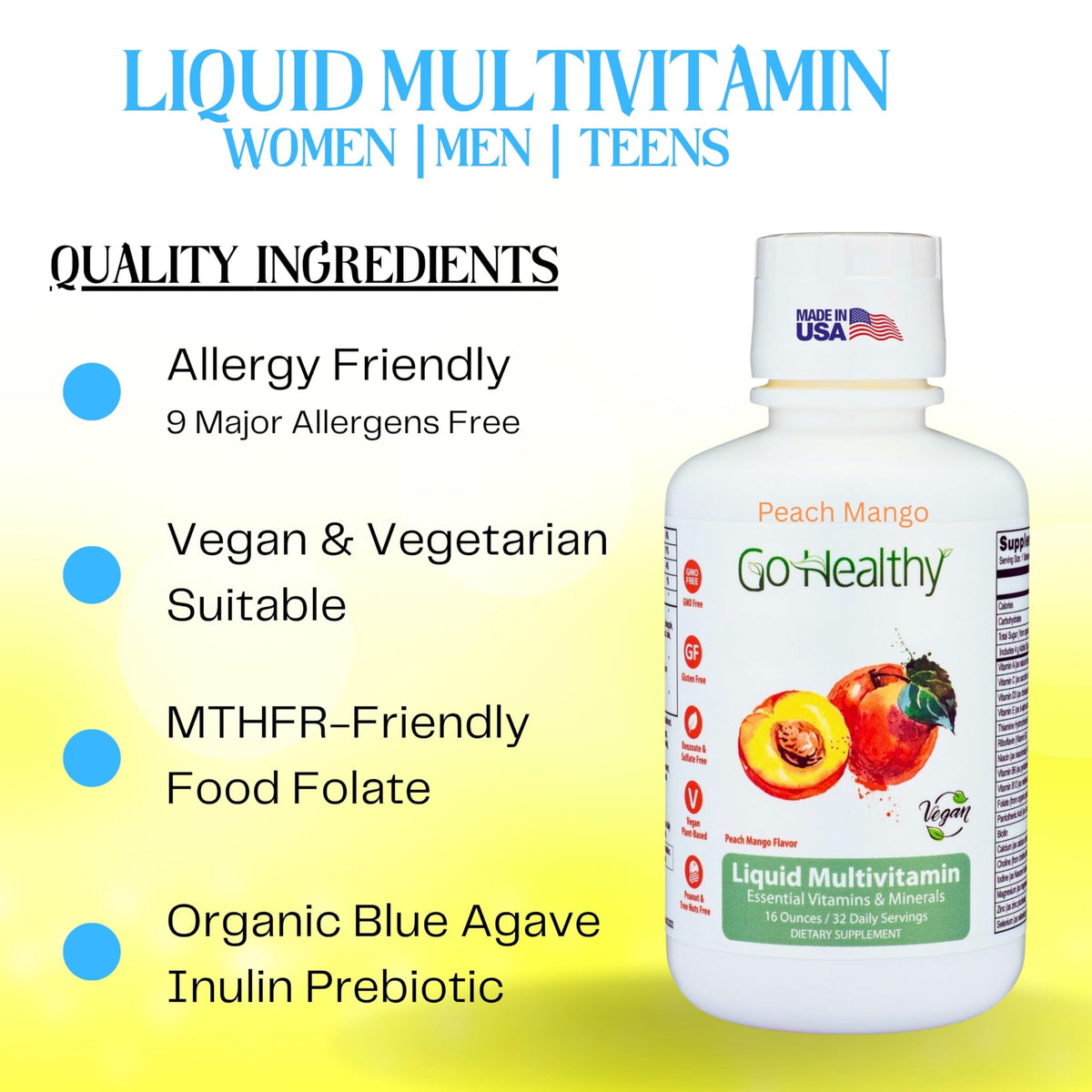 Go Healthy Natural Multivitamines Liquides 32 Portions Pêche Mangue étiquette