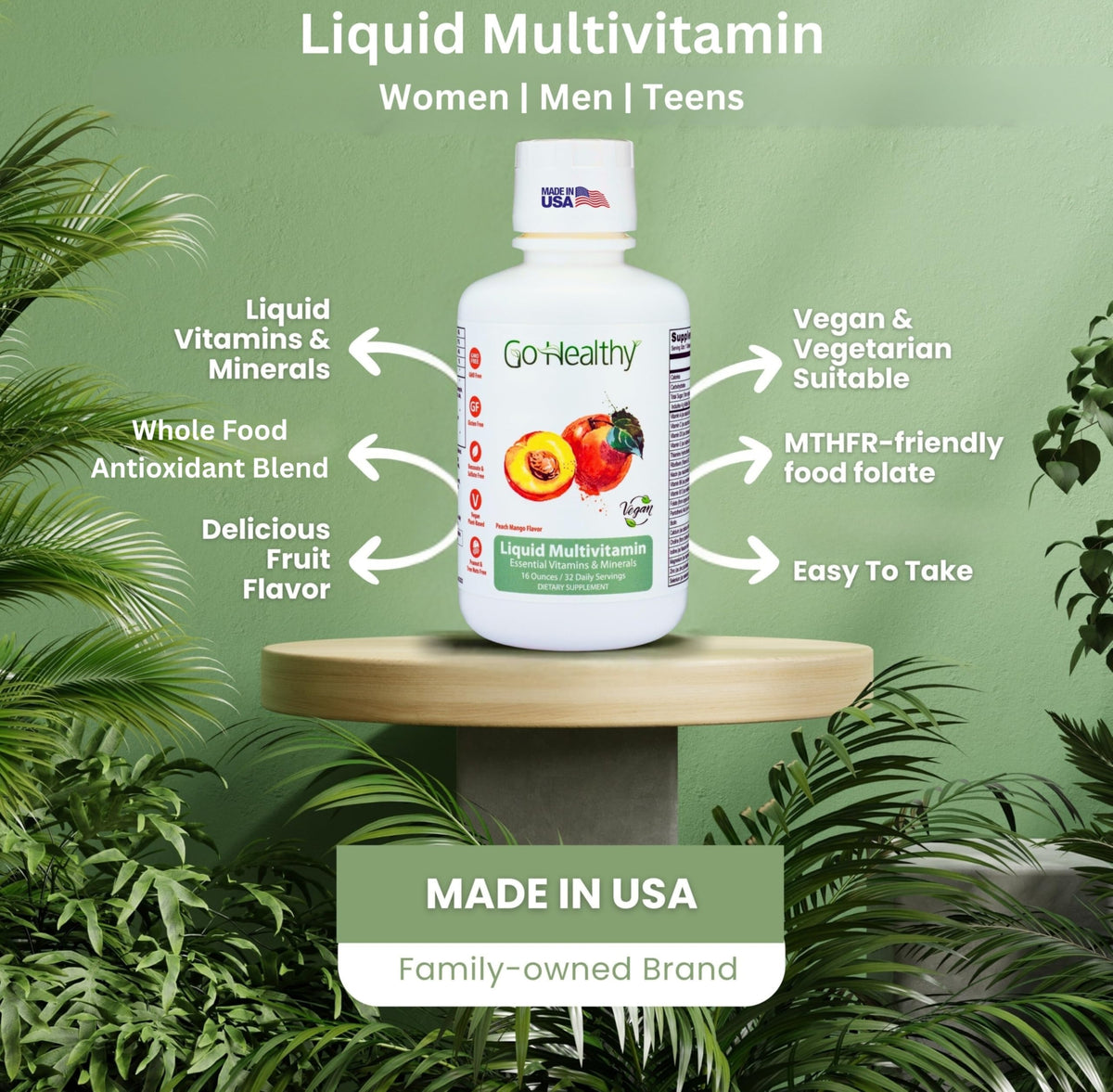 Go Healthy Natural Multivitamines Liquides 32 Portions Pêche Mangue vue de côté