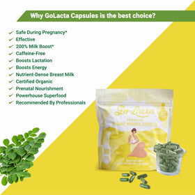 Go-Lacta gélules de moringa bio sur une table avec des accessoires de maternité
