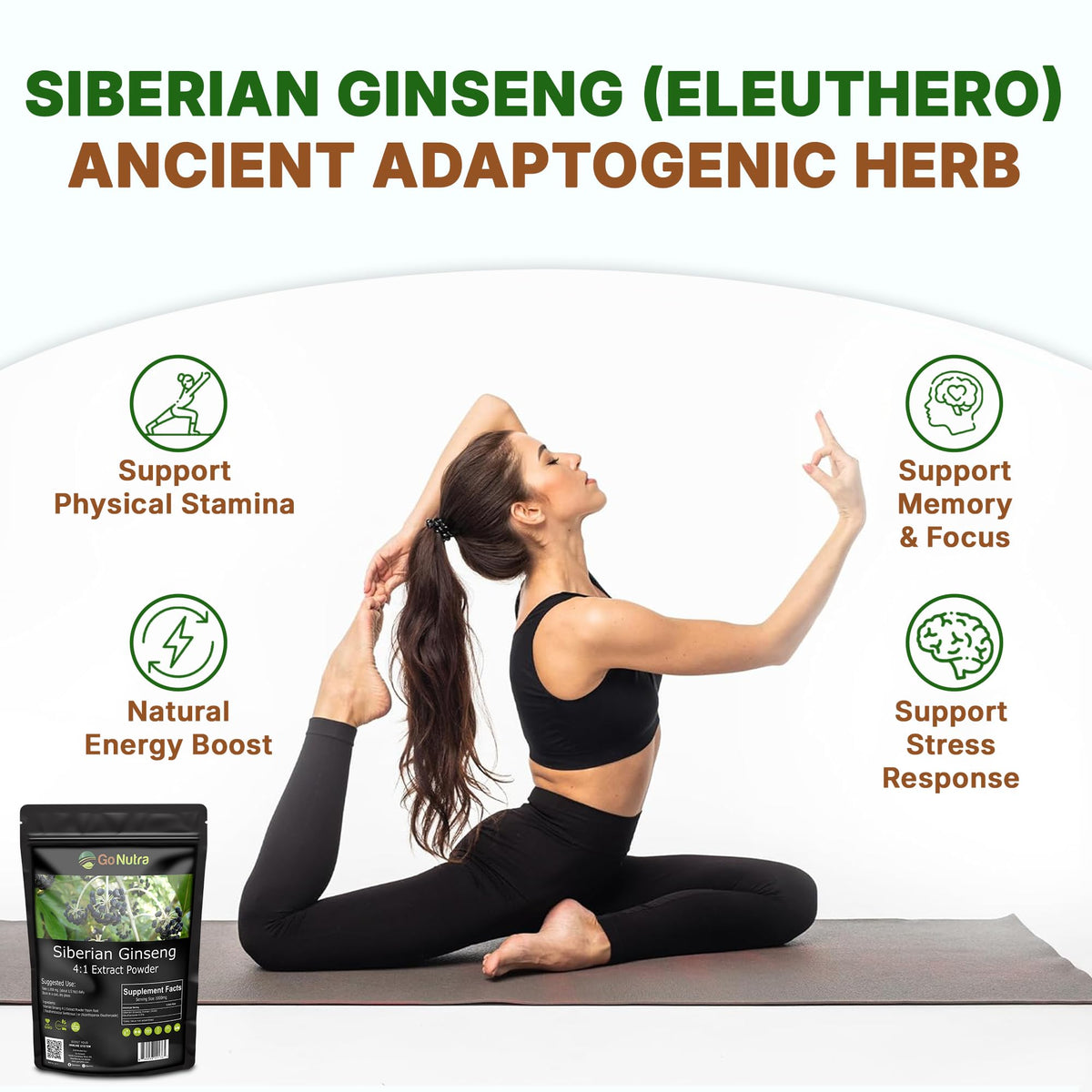 Go Nutra Ginseng Sibérien Éleuthéro Poudre sur une table en bois