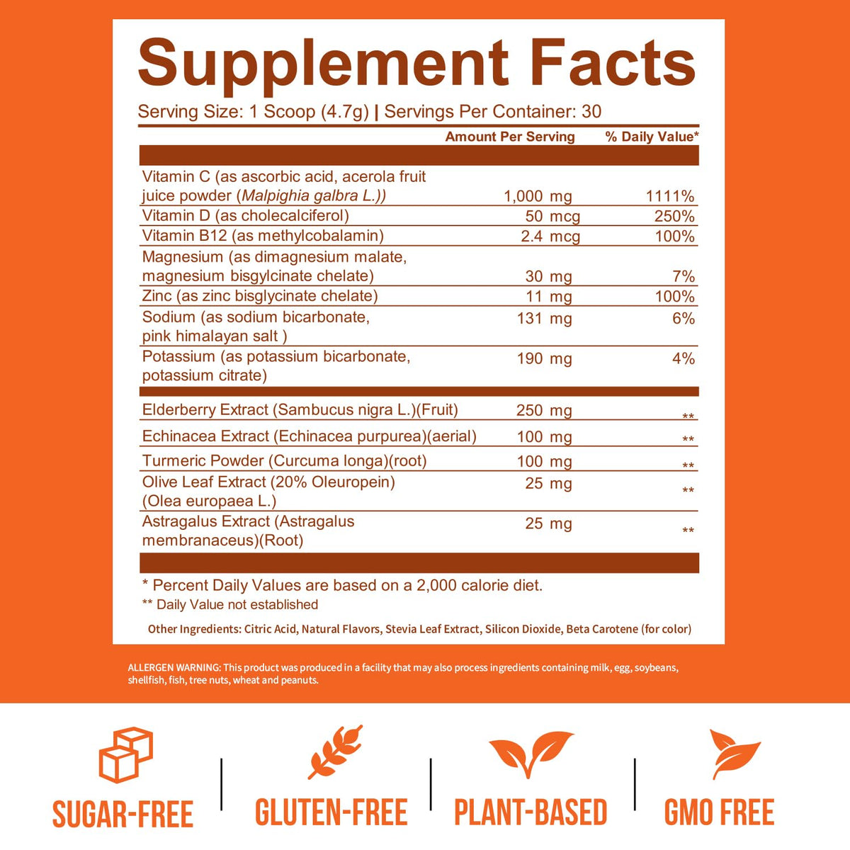 GOBIOTIX Complément Alimentaire Vitamine C 168g Orange, ingrédients sur l'emballage