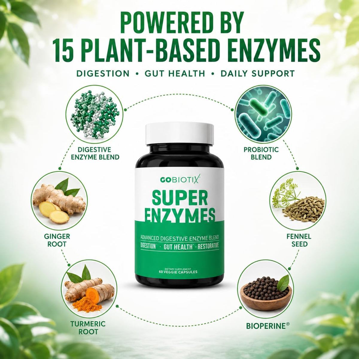 GOBIOTIX Enzymes daily - capsules végétales sur une surface blanche