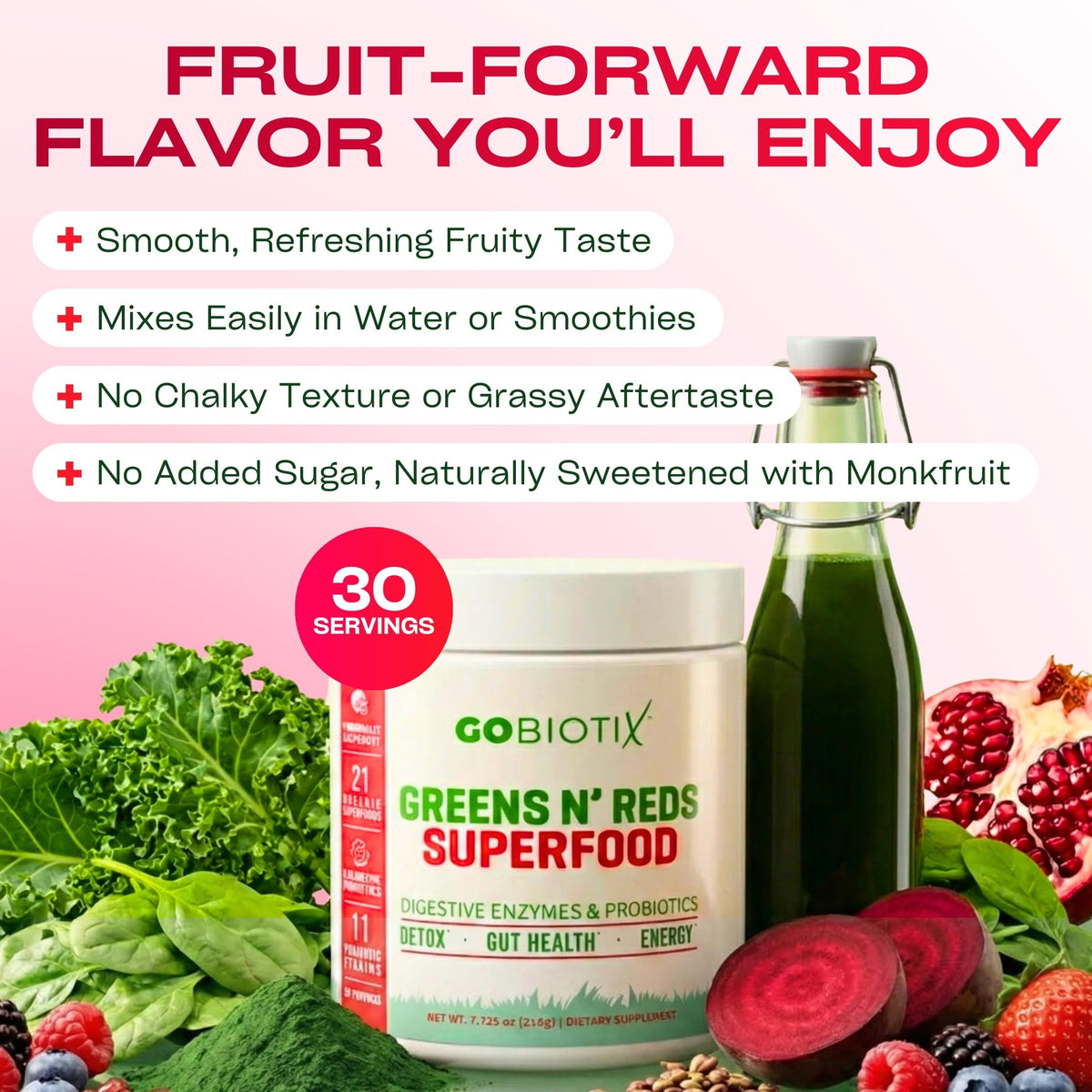GOBIOTIX Poudre de Super Greens en utilisation dans un smoothie