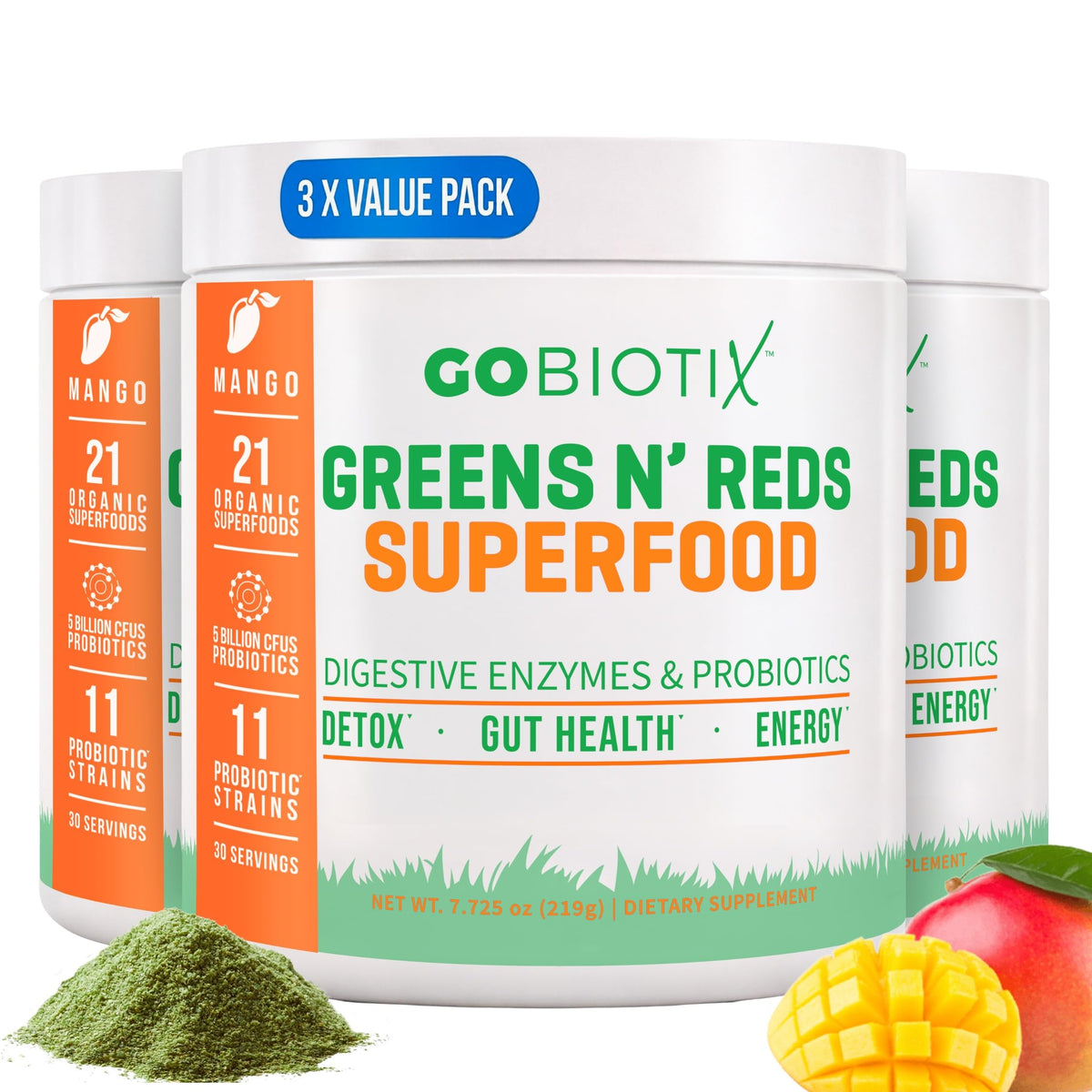 GOBIOTIX Poudre Super Greens 3-Pack Mangue vue de face