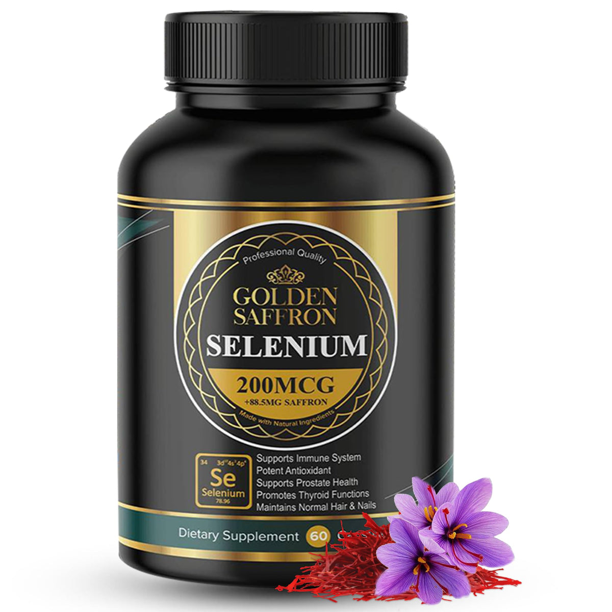 GOLDEN SAFFRON Complément Alimentaire Selenium 200mcg et Safran 88,5 mg - vue de face