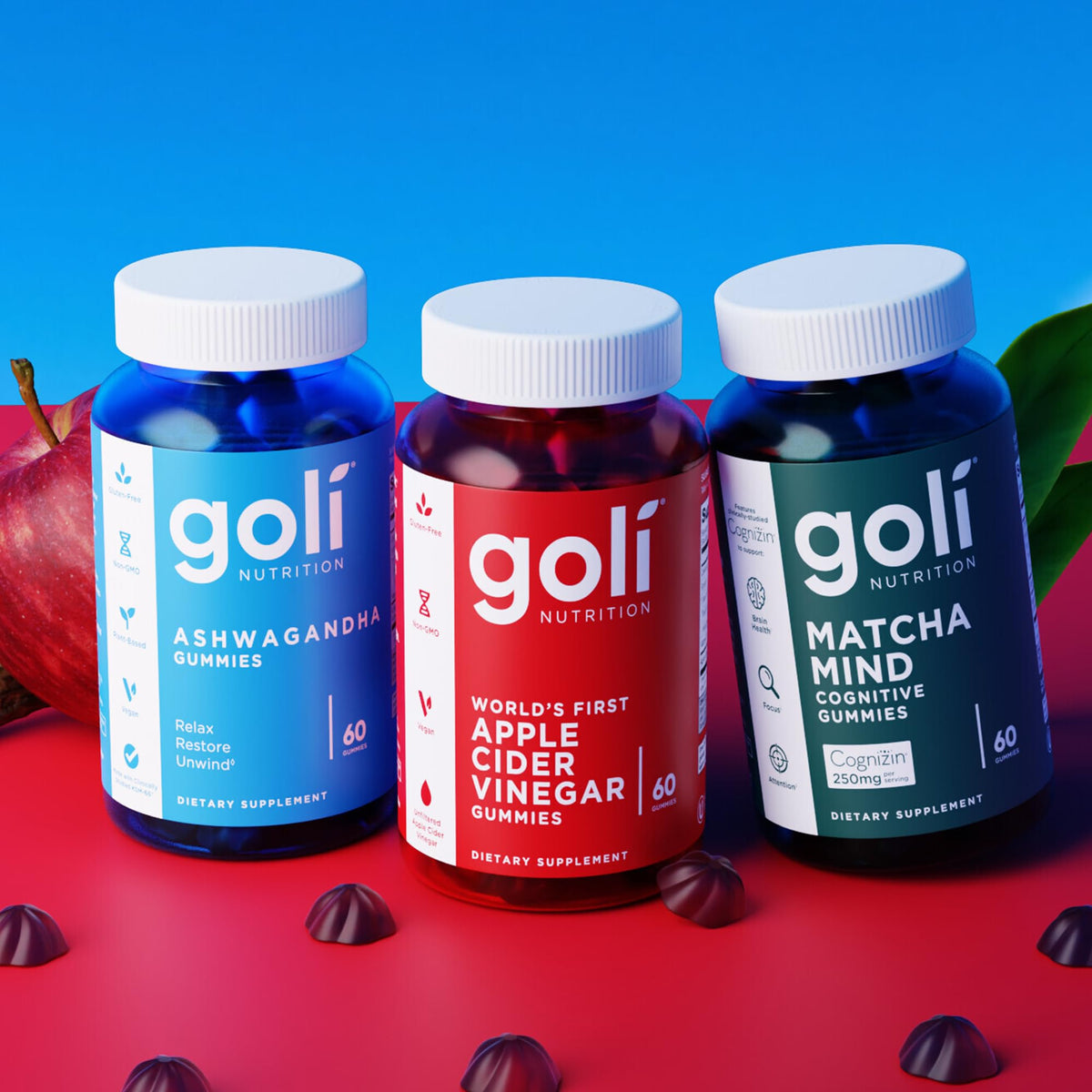Goli Ashwagandha et Vitamine D gummies sur un fond blanc