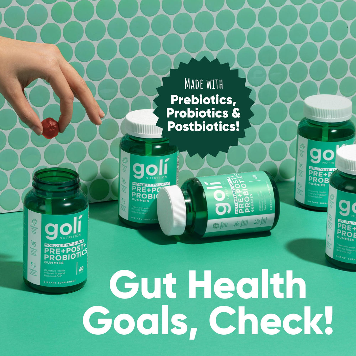 Goli Gummies Pré Pro Postbiotiques 3-en-1 gummies sur une table