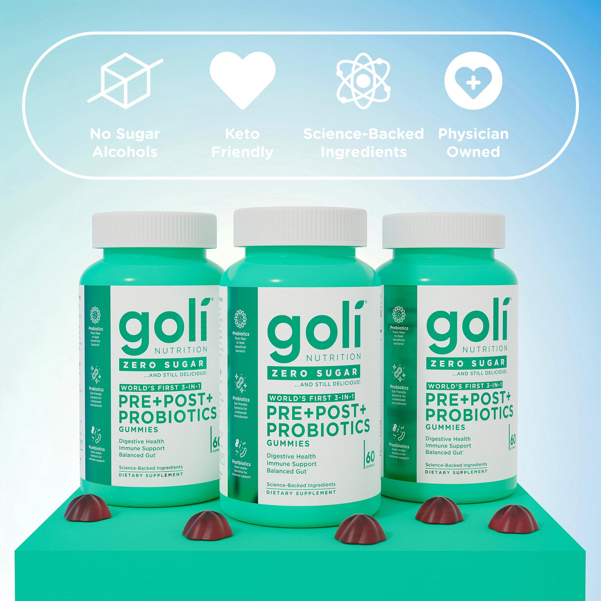 Goli gummies pré pro postbiotiques, gummies dans une main