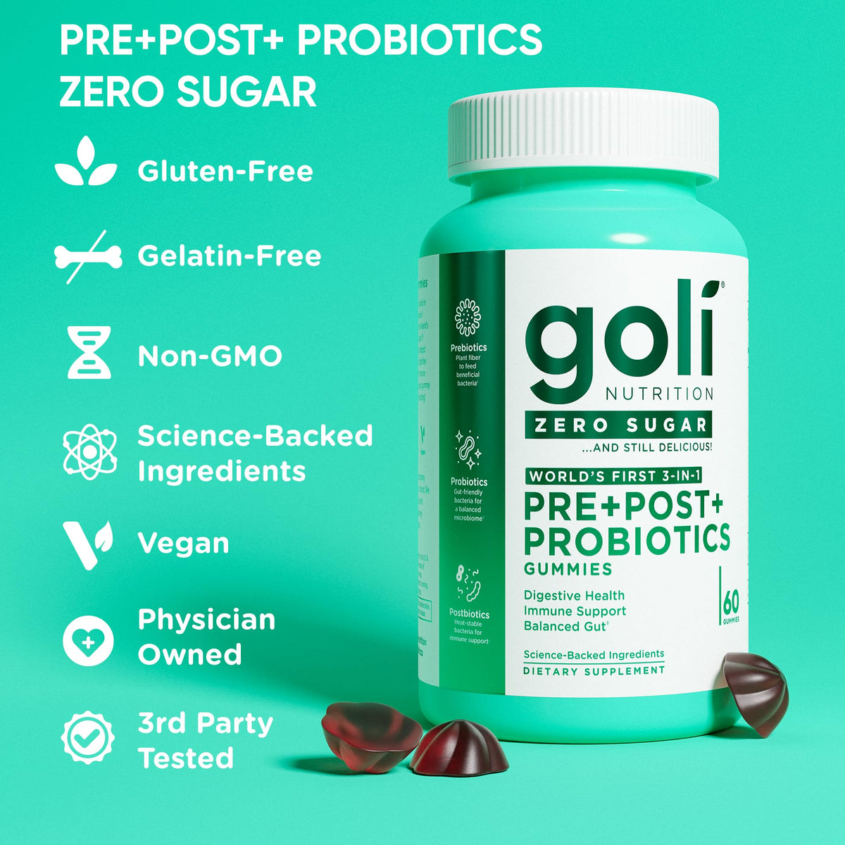 Goli Gummies Pré Pro Postbiotiques paquet arrière avec informations nutritionnelles