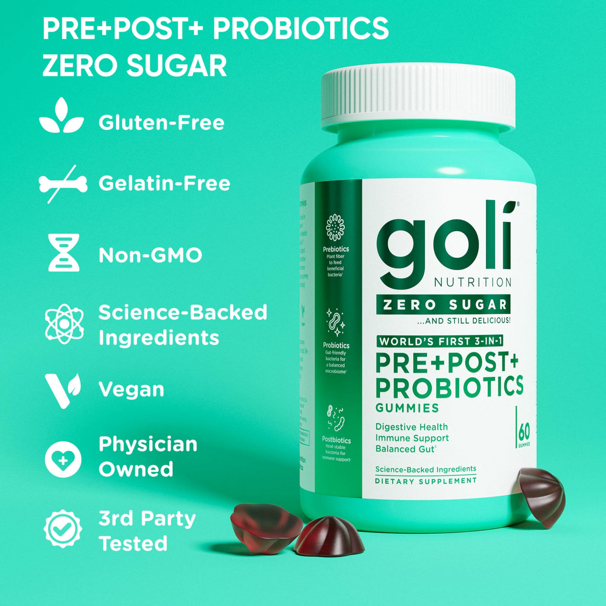 Goli gummies pré pro postbiotiques, vue de côté de l'emballage