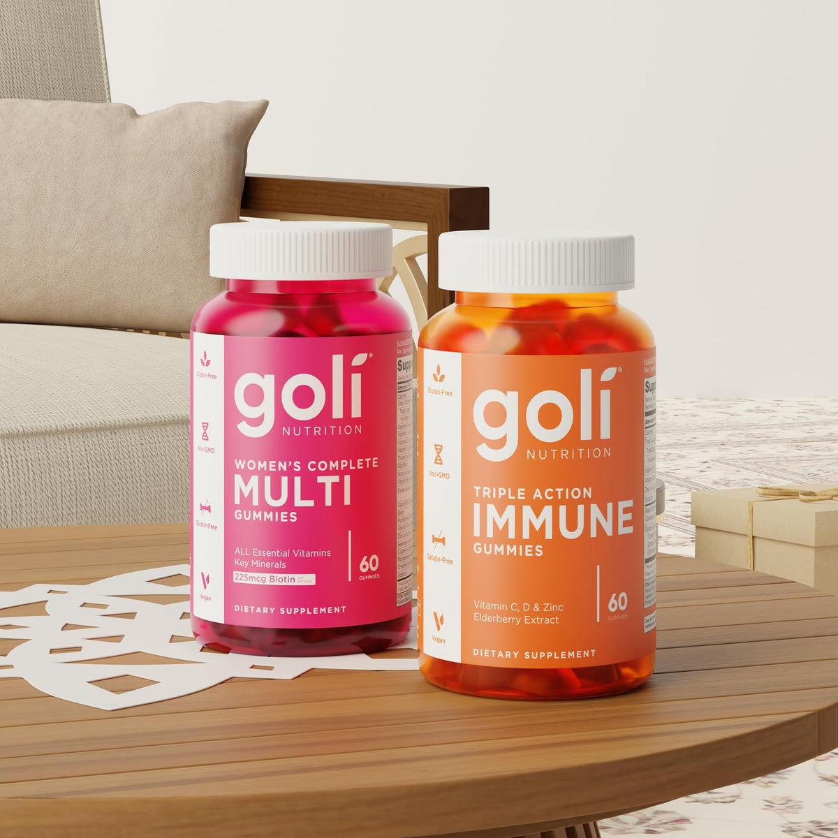 Goli Gummy Vitamines daily wellness gummies à côté d'un verre d'eau