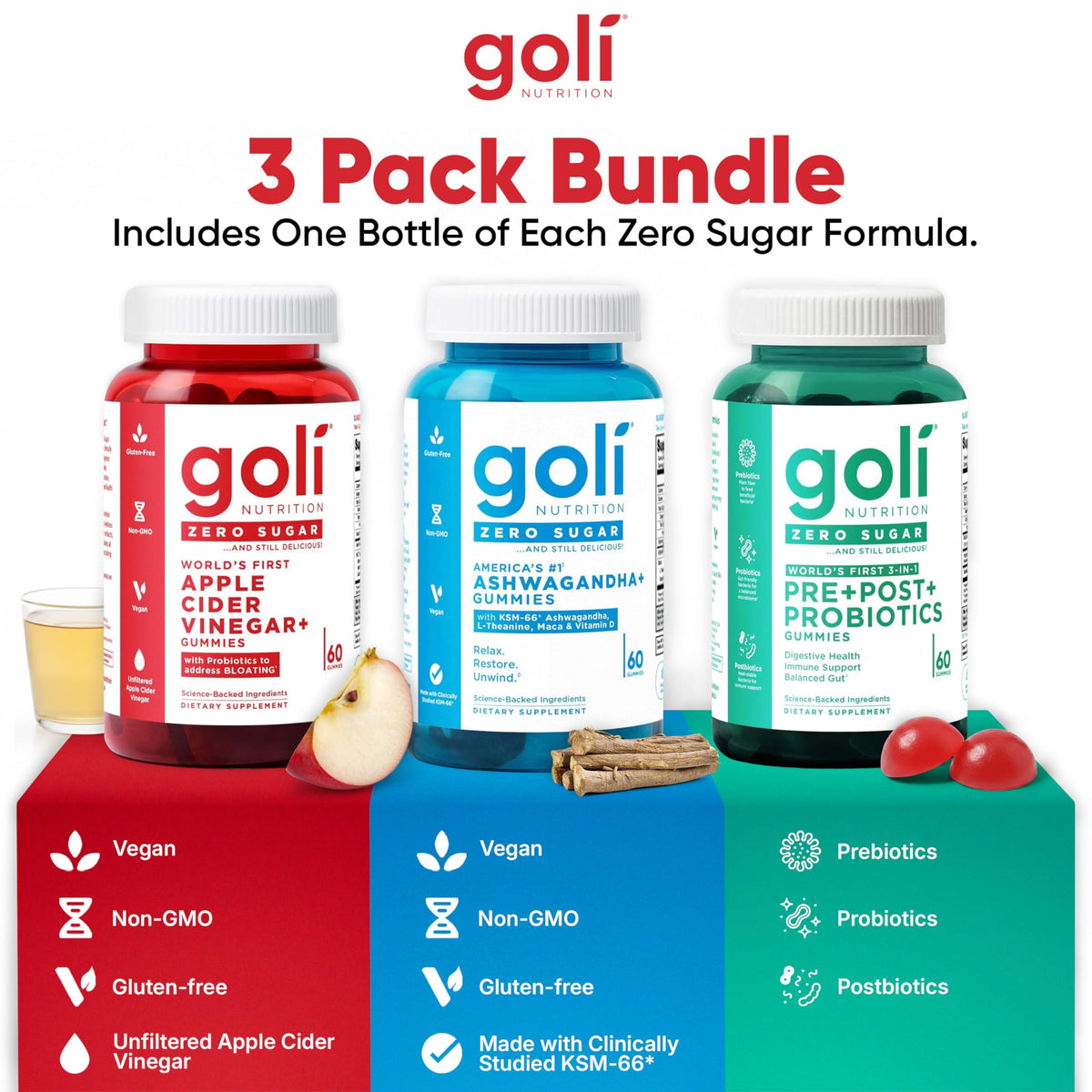 Goli Trio sans sucre 3-en-1 gummies bouteille ouverte