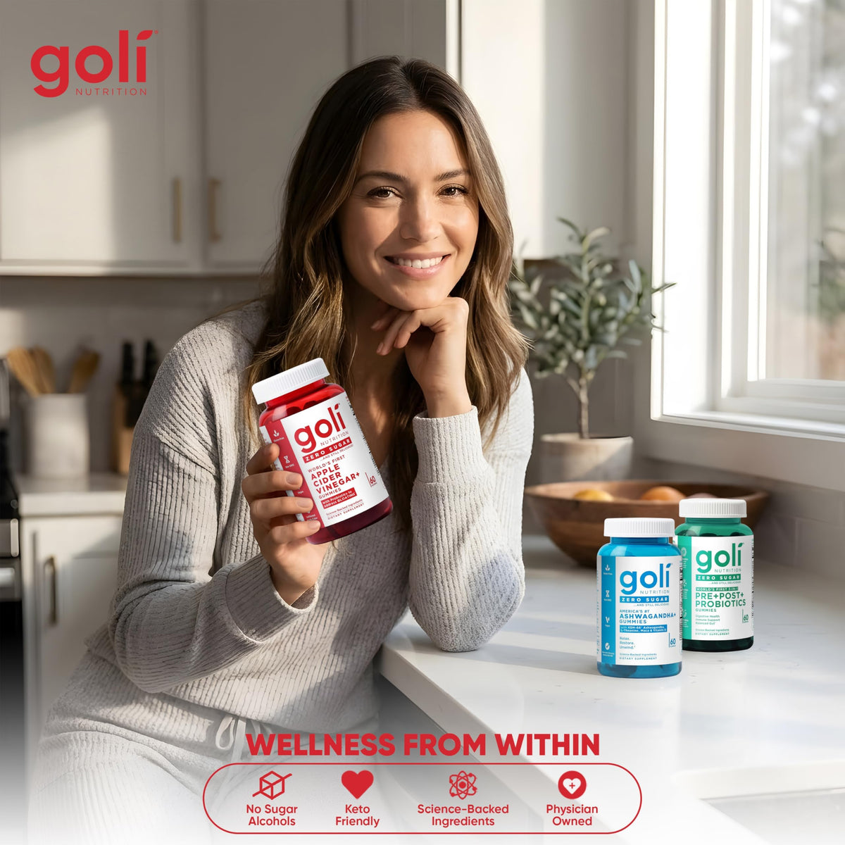 Goli Trio sans sucre 3-en-1 gummies dans un bol