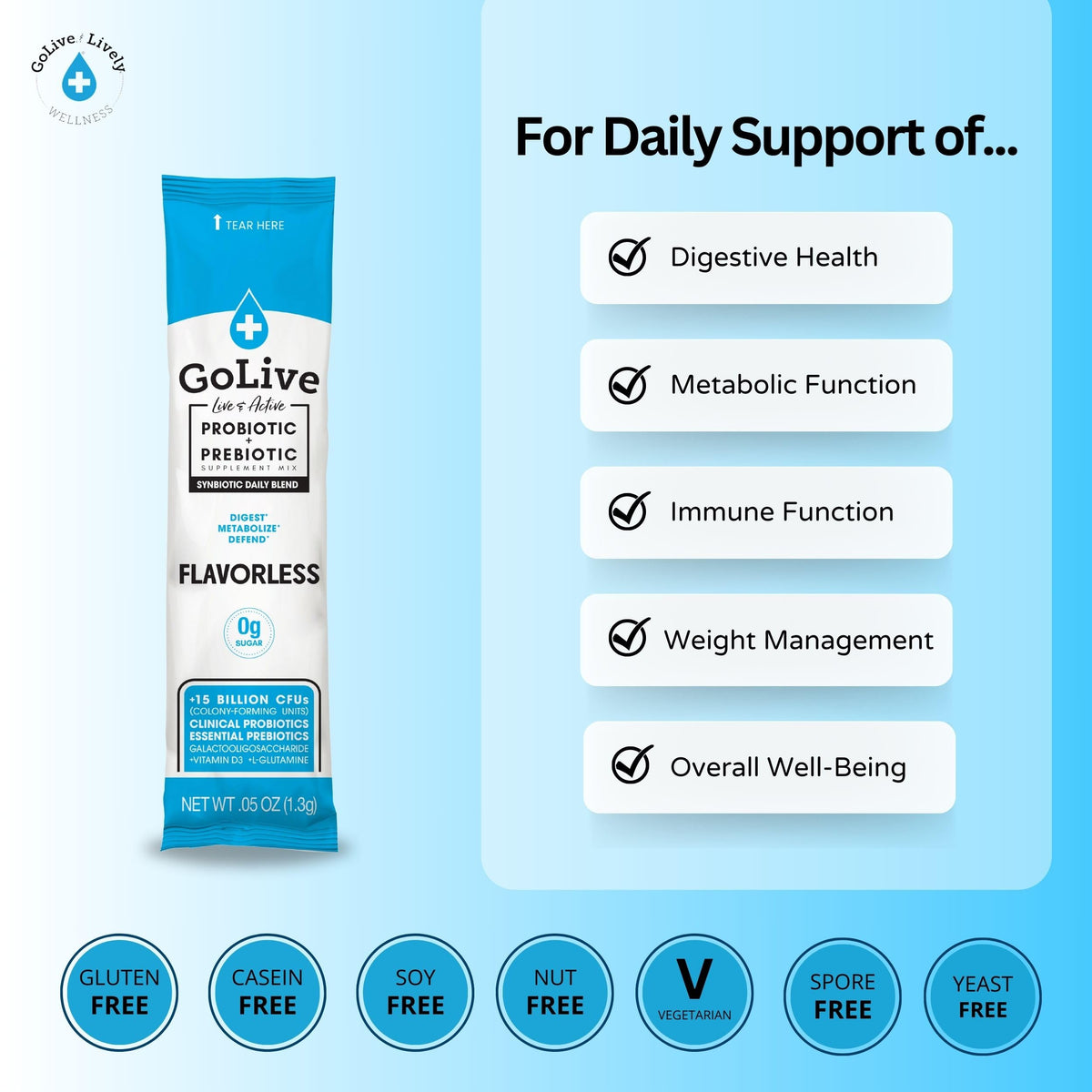 GoLive sachets de probiotique avec étiquette et contenu