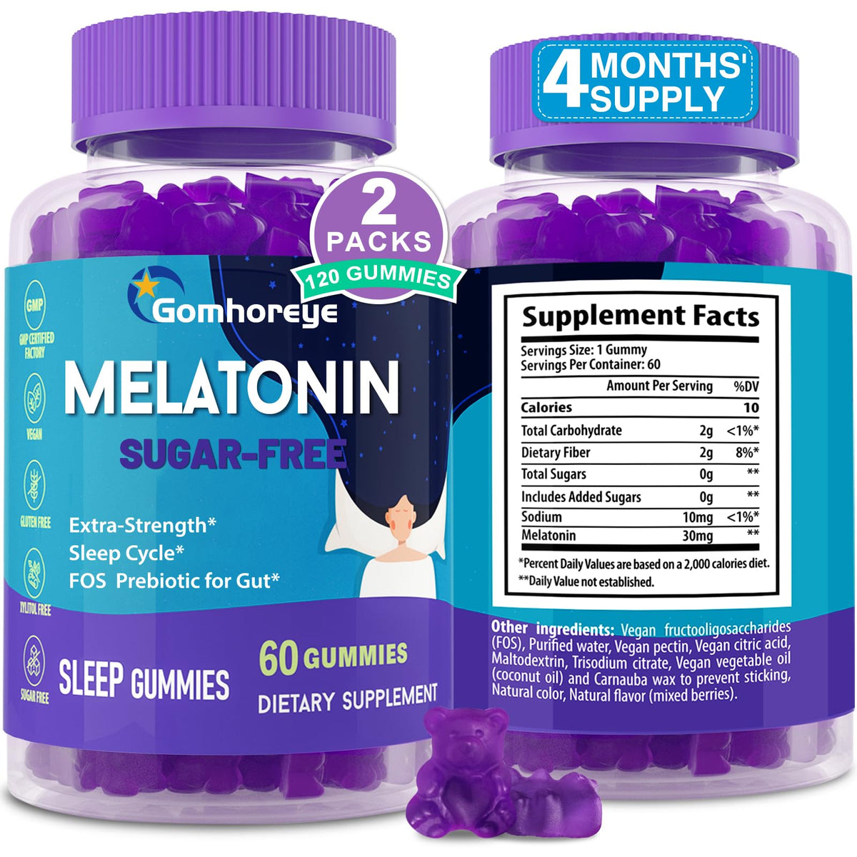Gomhoreye gélules de mélatonine sans sucre, 30mg, 120 gummies, vue de face