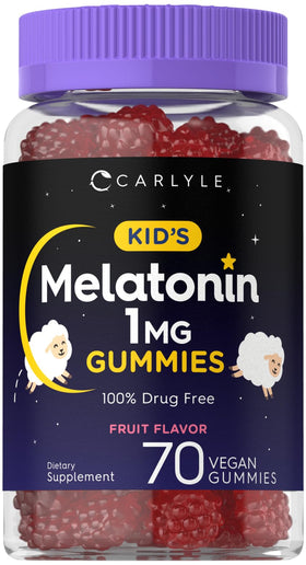 Gommes à la mélatonine Carlyle 1 mg pour enfants, côté avant de l'emballage
