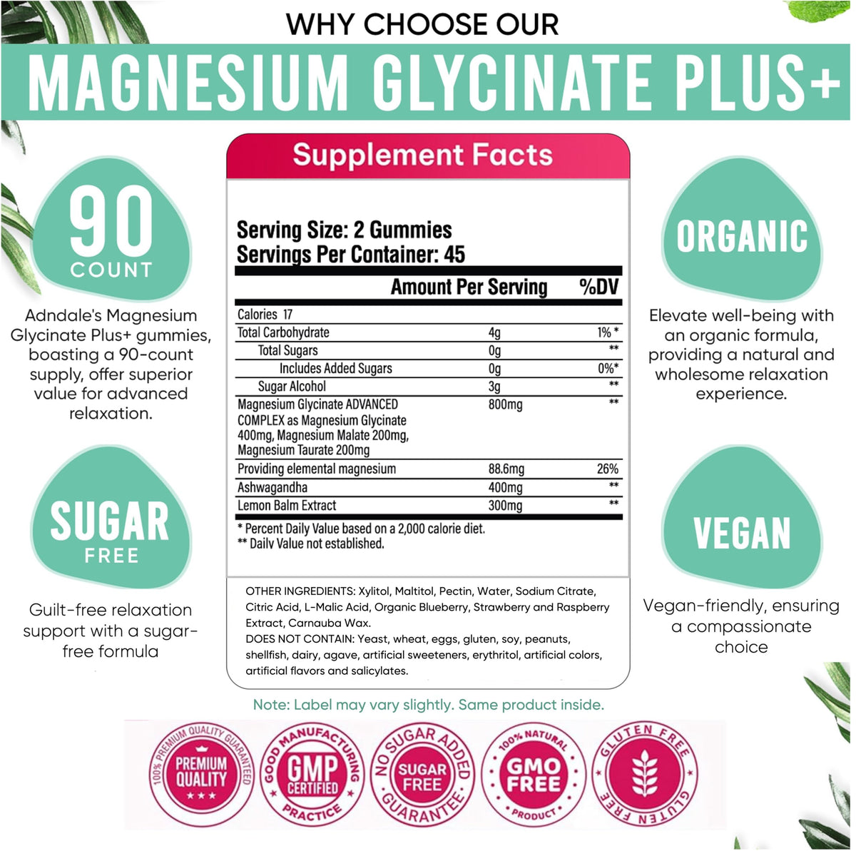 Gommes Adndale Magnesium Glycinate Plus+ 400 mg, ingrédients