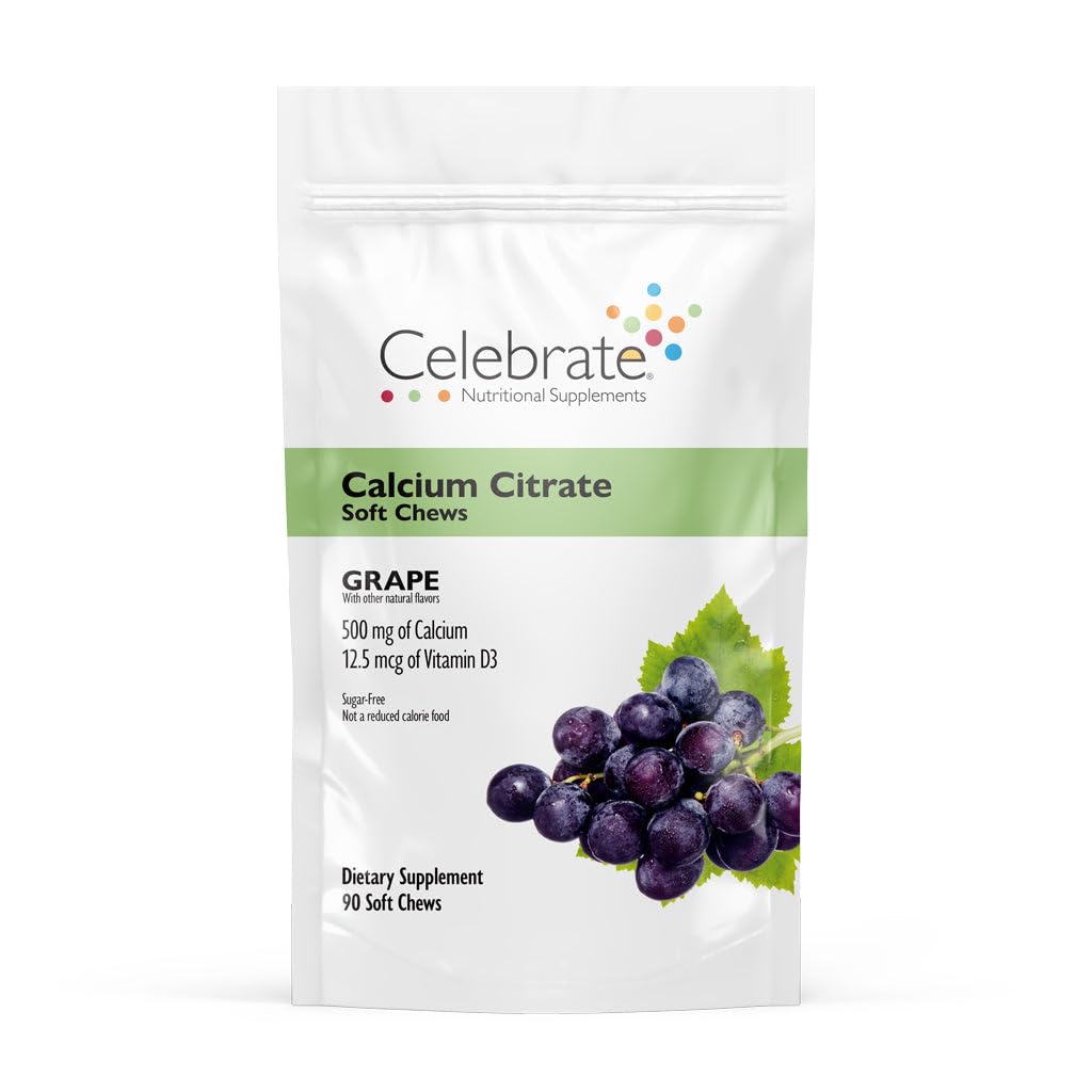 Gommes au calcium Celebrate 500 mg, vue de face, emballage raisin