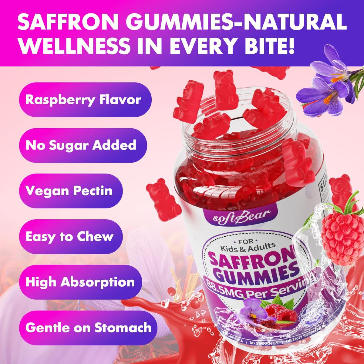 Gommes au safran softbear avec des fruits frais en arrière-plan