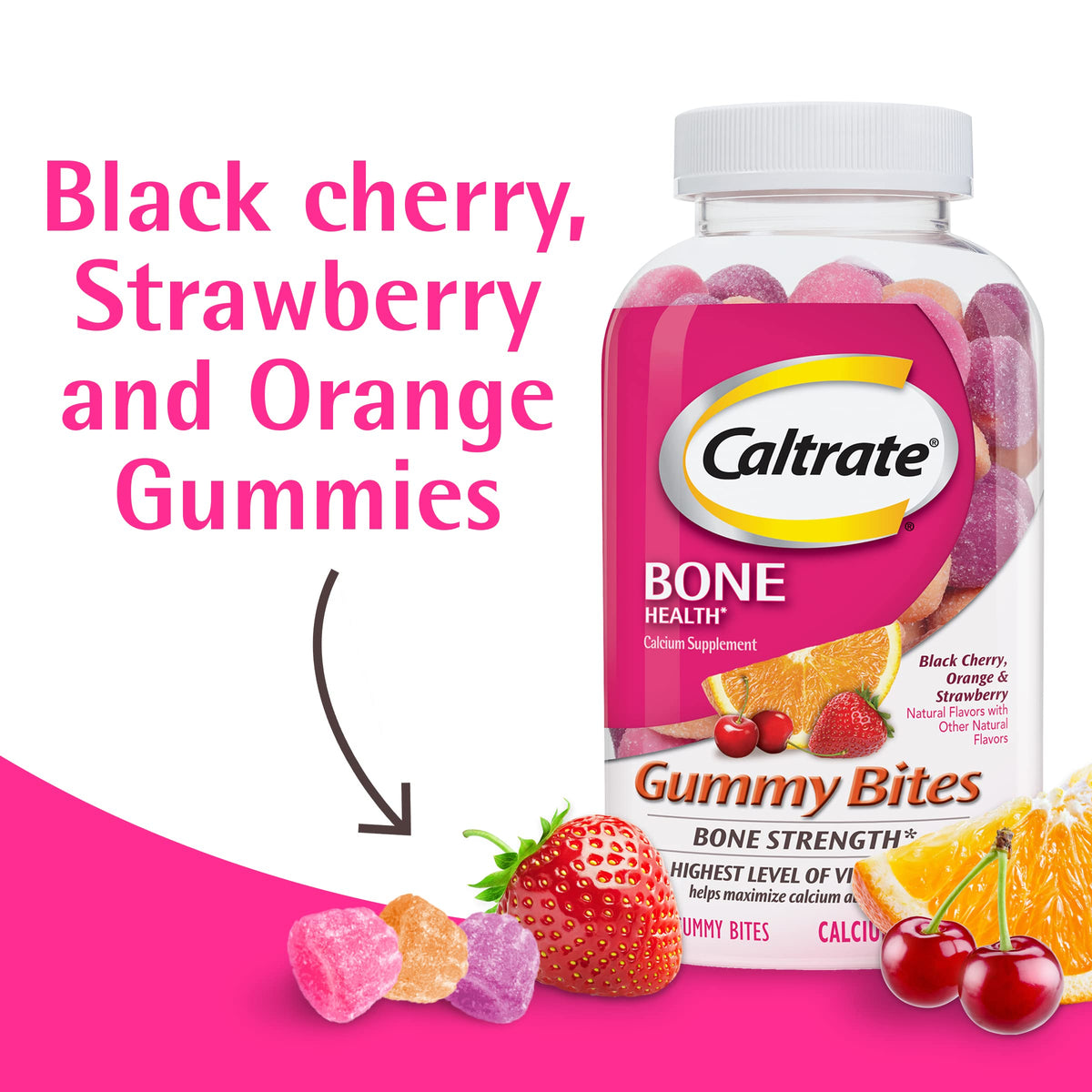 Gommes Caltrate Gummy Bites sur une table avec un arrière-plan coloré