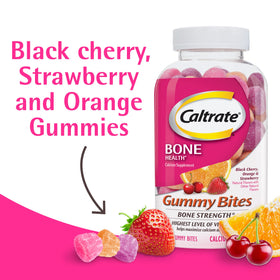 Gommes Caltrate Gummy Bites sur une table avec un arrière-plan coloré