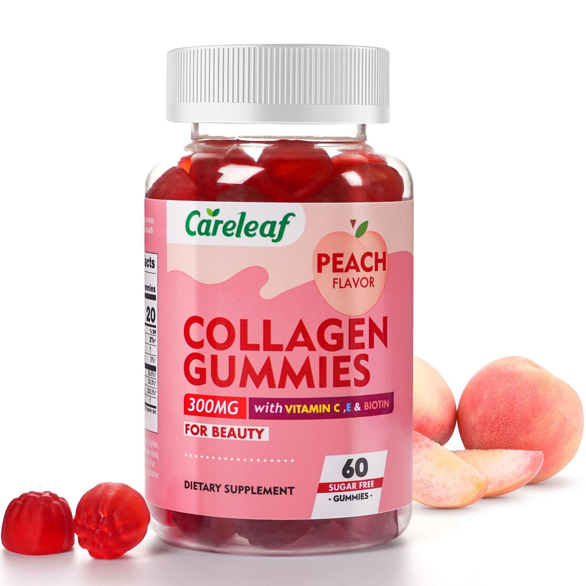 Gommes collagène careleaf 300mg en pot de 60 gummies saveur pêche