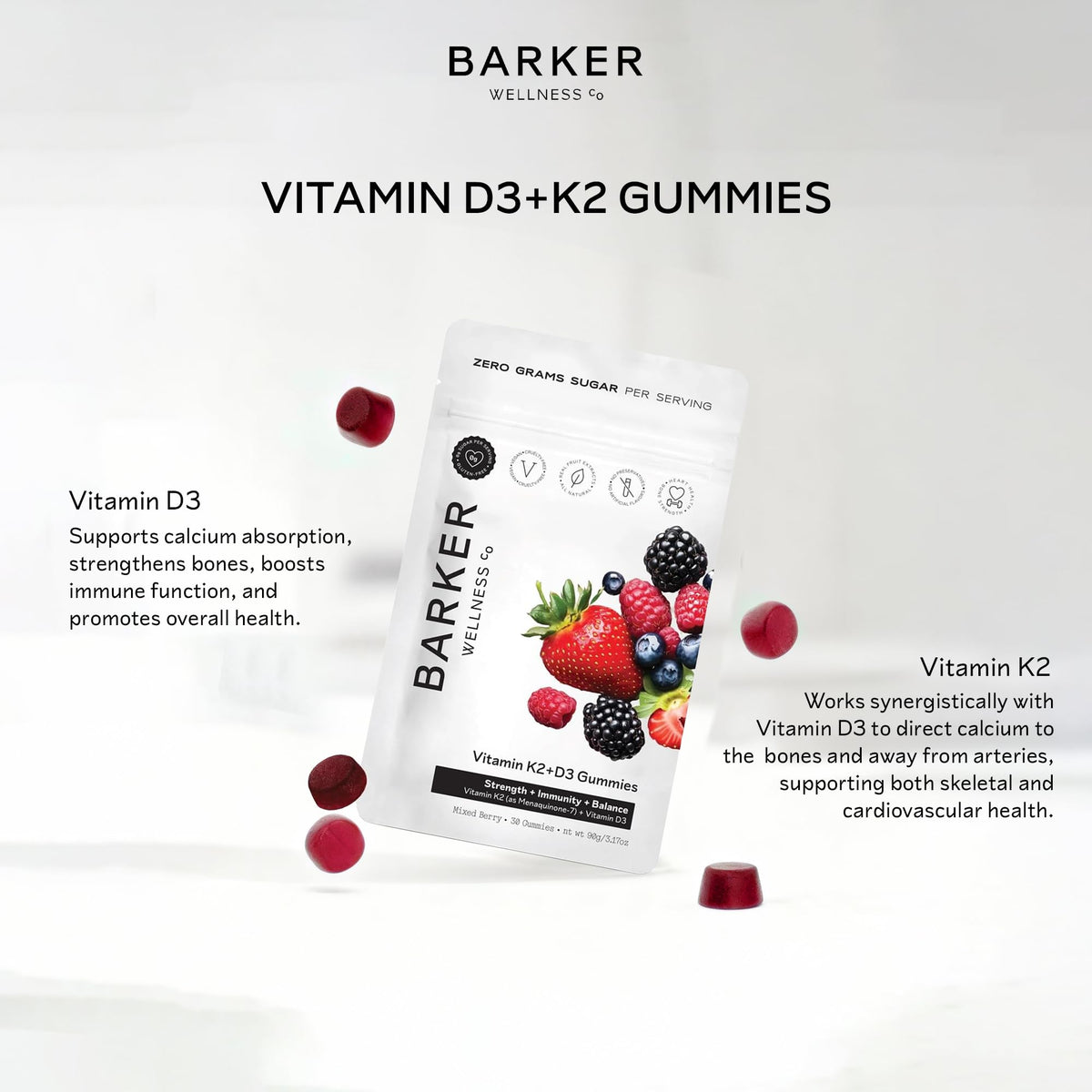 Gommes D3 K2 Barker Wellness avec fruits frais en arrière-plan