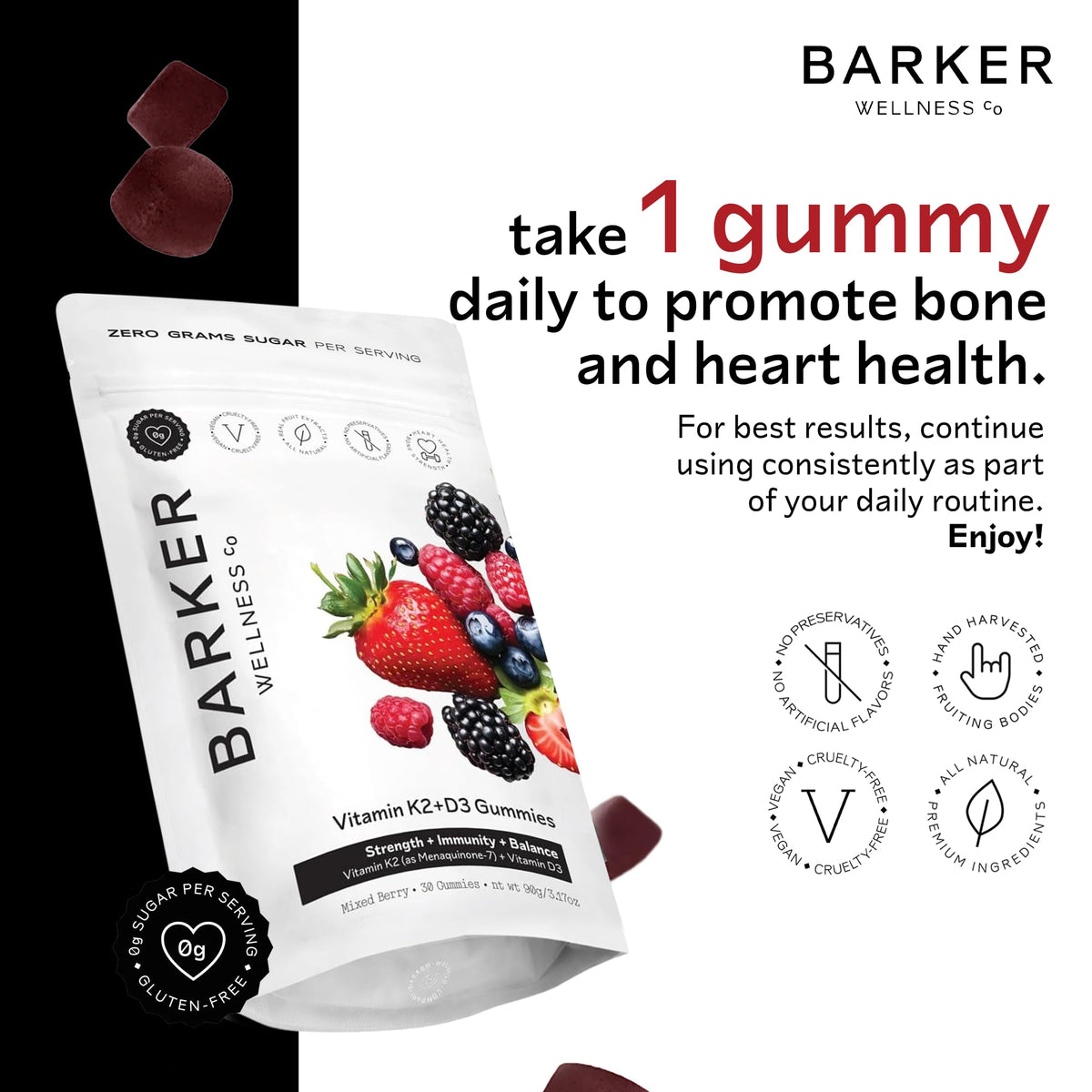 Gommes D3 K2 Barker Wellness dans une main, flacon ouvert
