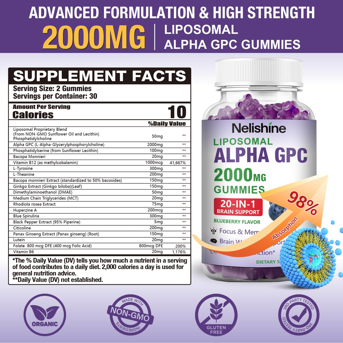 Gommes de choline Alpha GPC de Nelishine sur une table