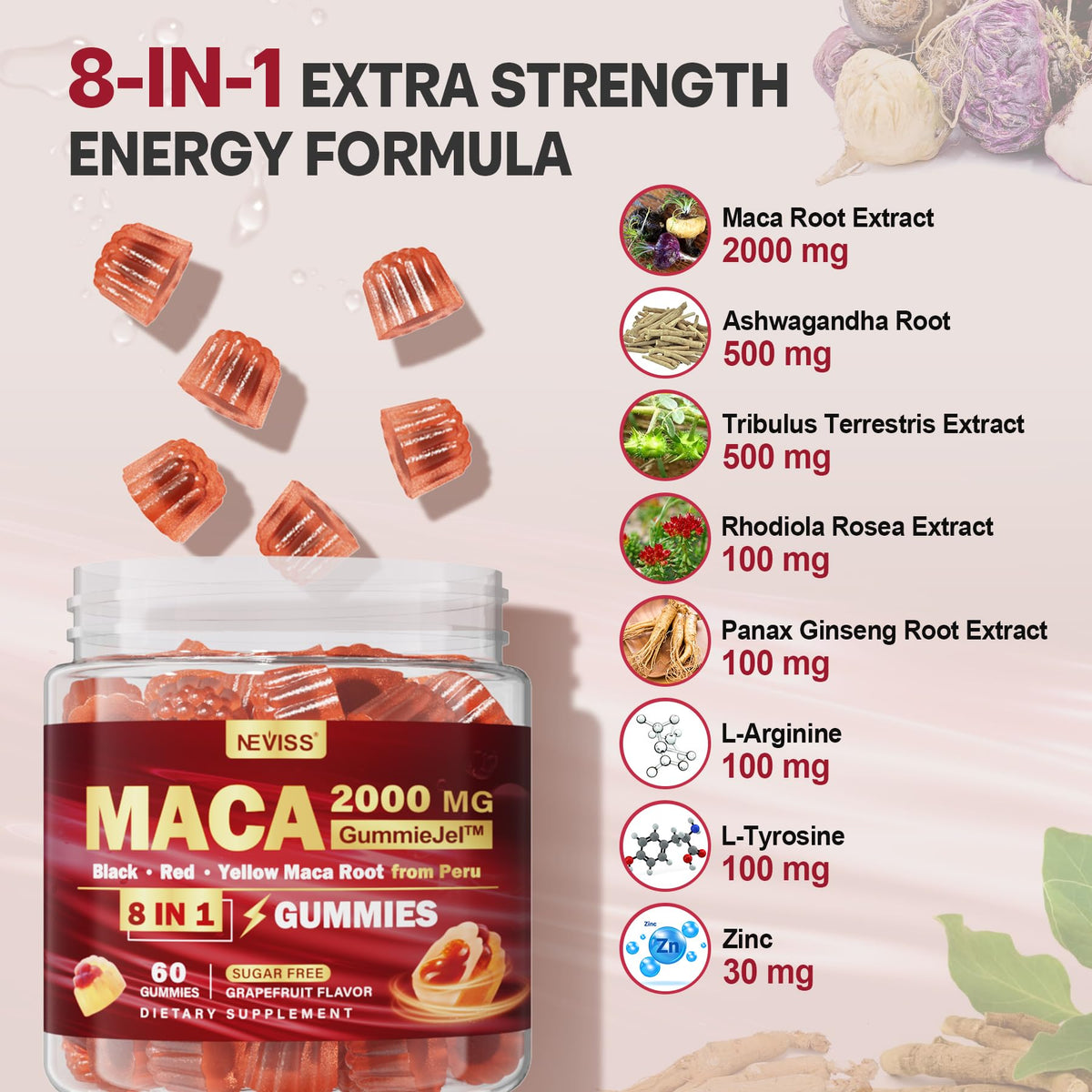 Gommes de Maca NEVISS sur une surface en bois