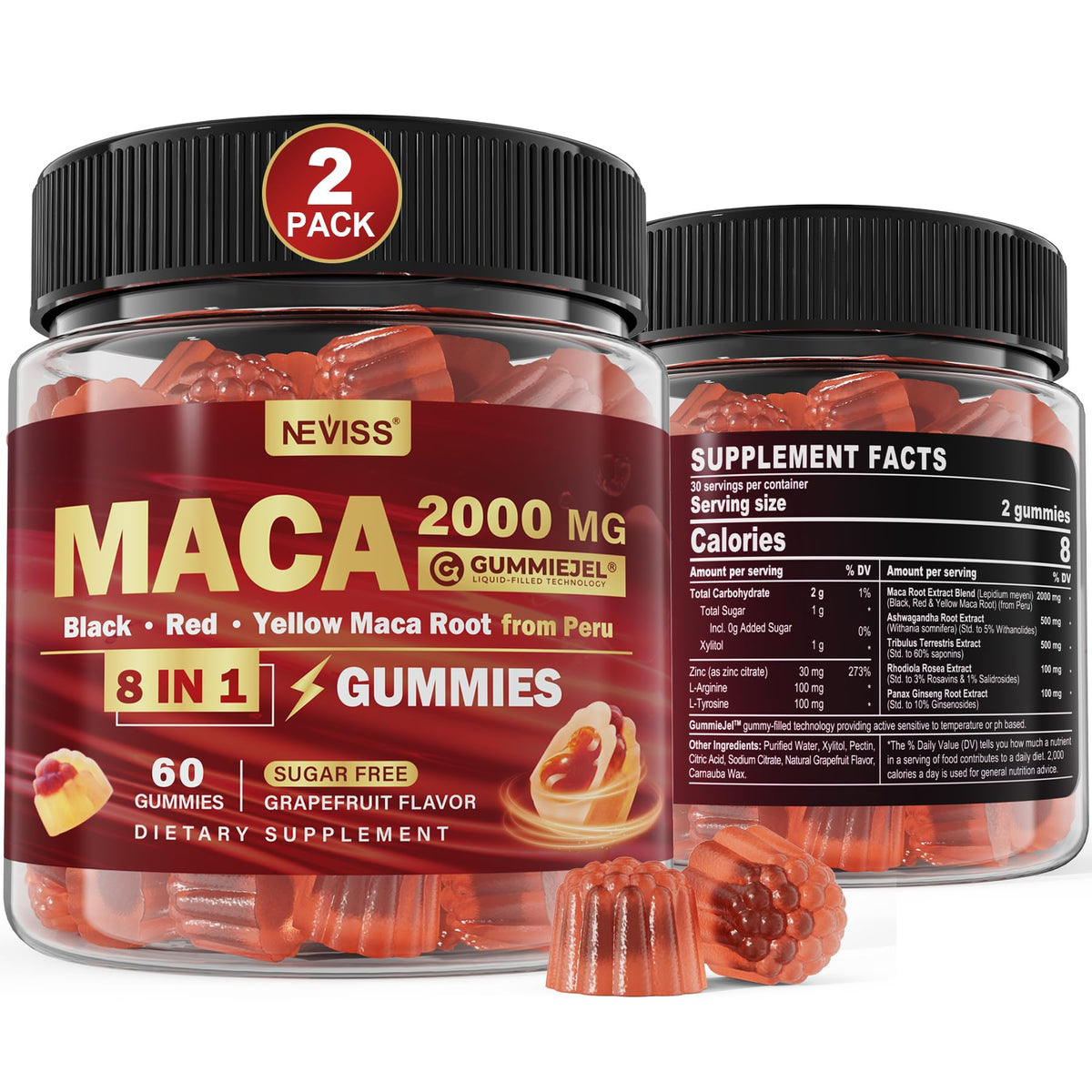 Gommes de racine de Maca 2000mg NEVISS, vue de face