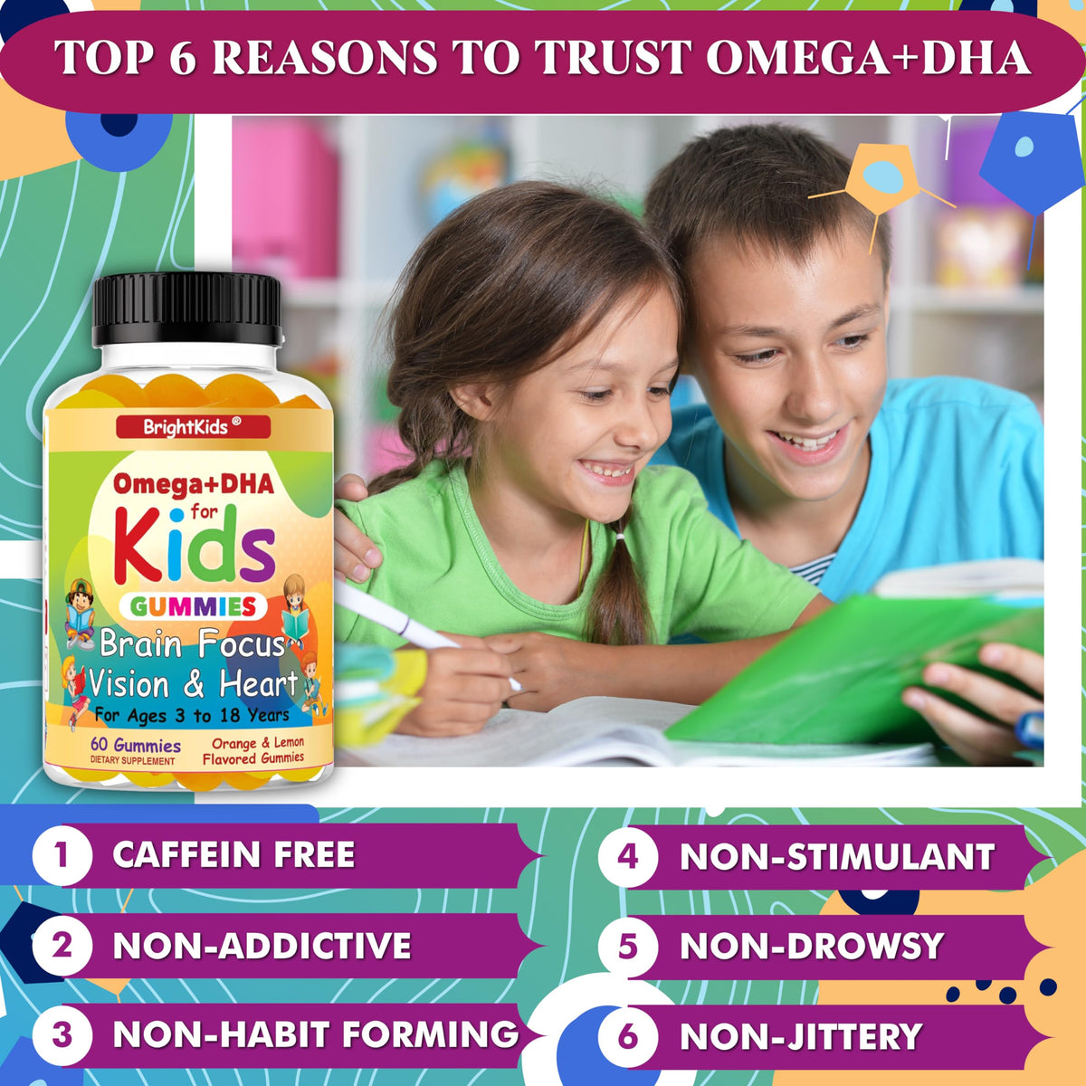 Gommes DHA BrightKids sur une table avec un livre