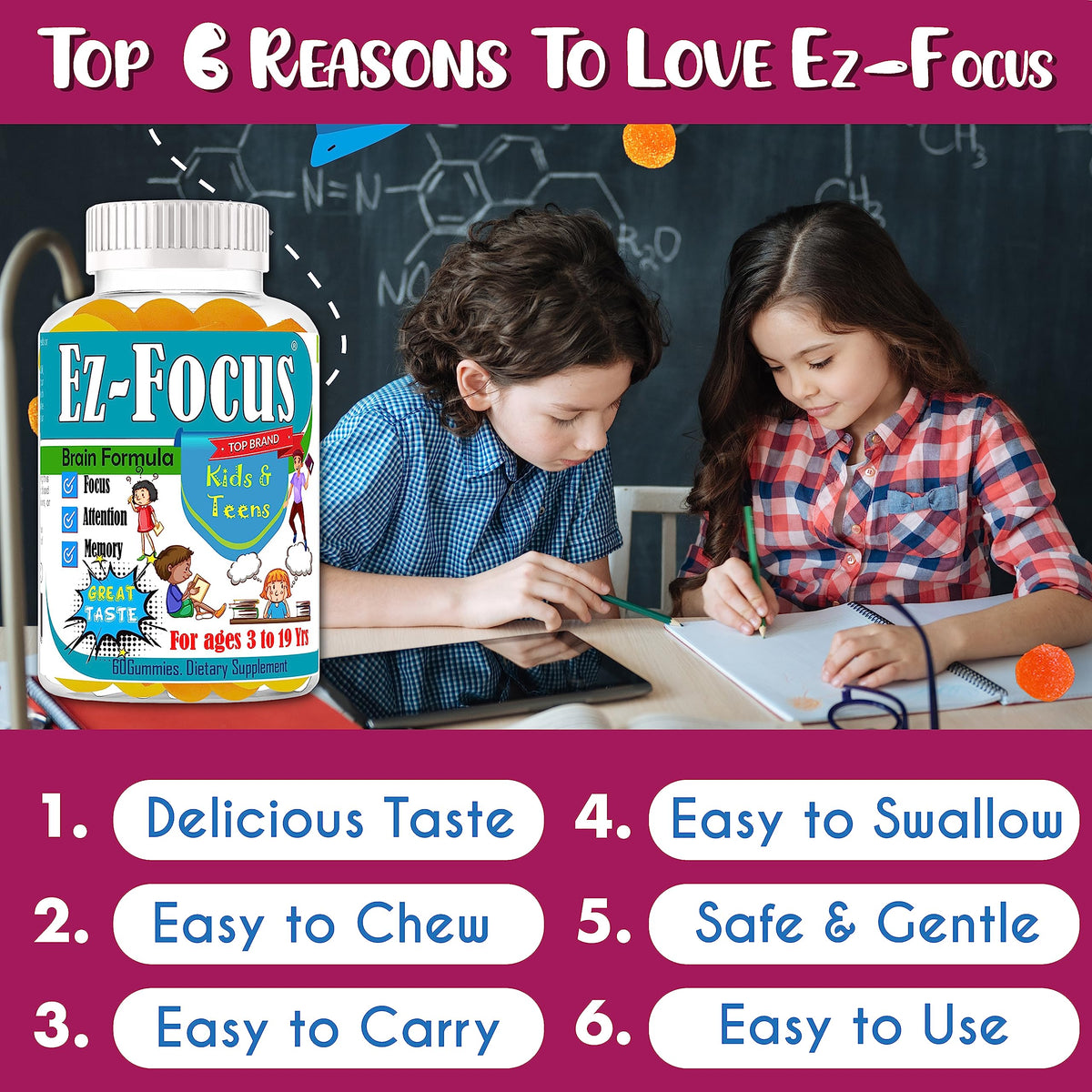 Gommes Ez-Focus avec ingrédients DHA et Omega-3
