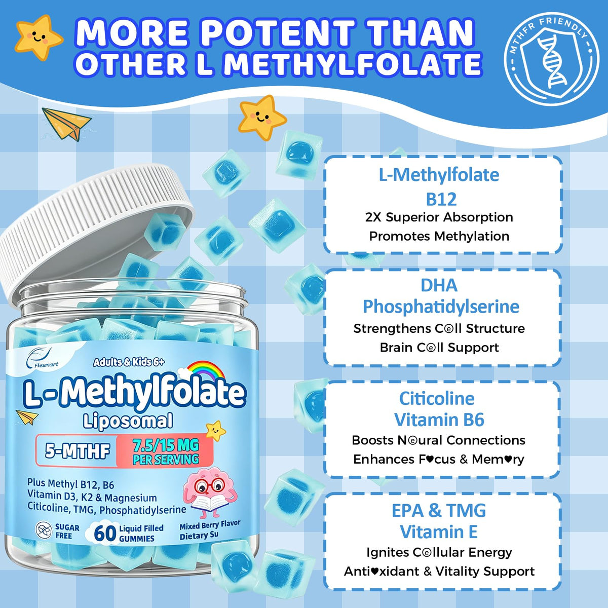 Gommes Fleamart L-Méthylfolate 15mg de couleur bleu