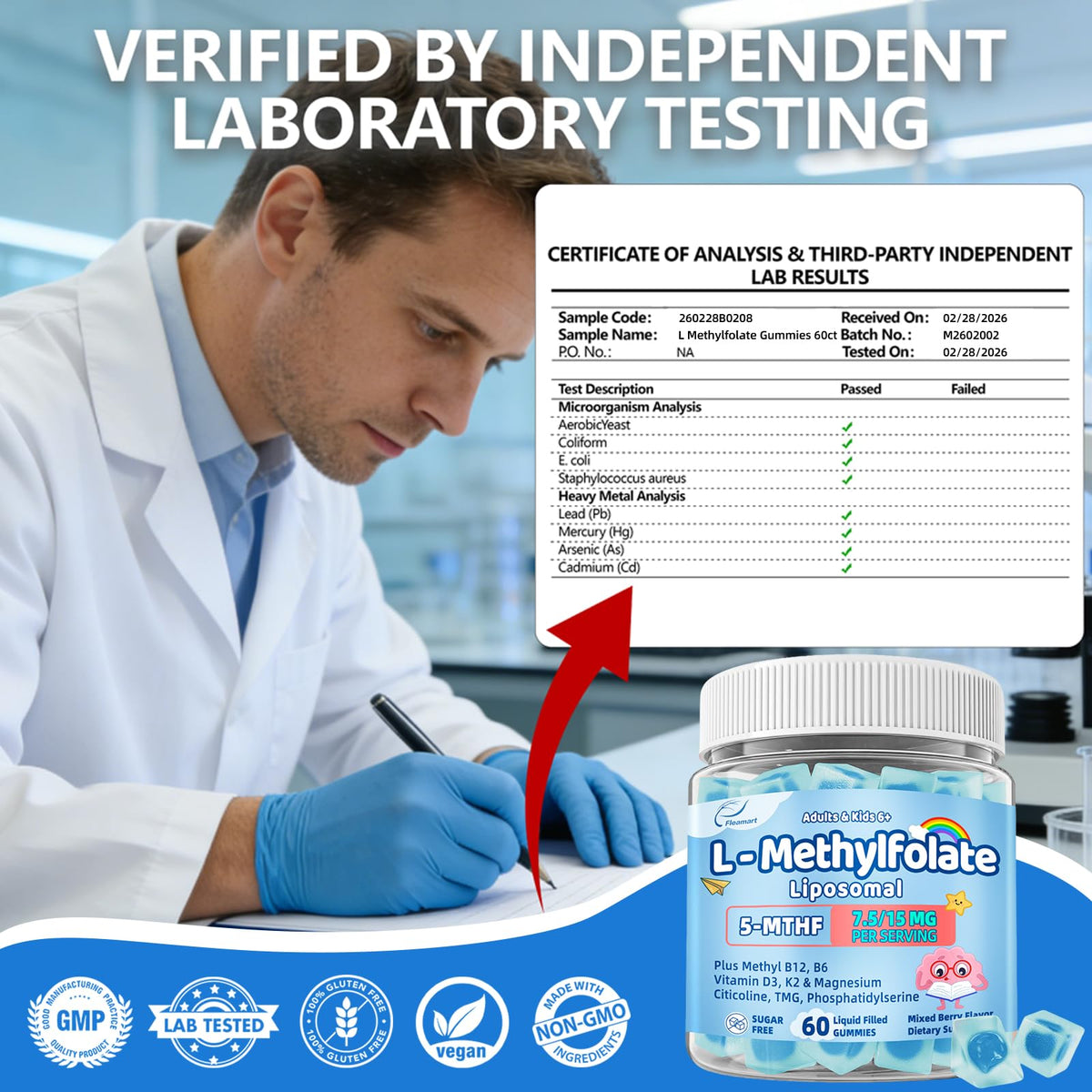 Gommes Fleamart L-Méthylfolate 15mg en gros plan sur une assiette