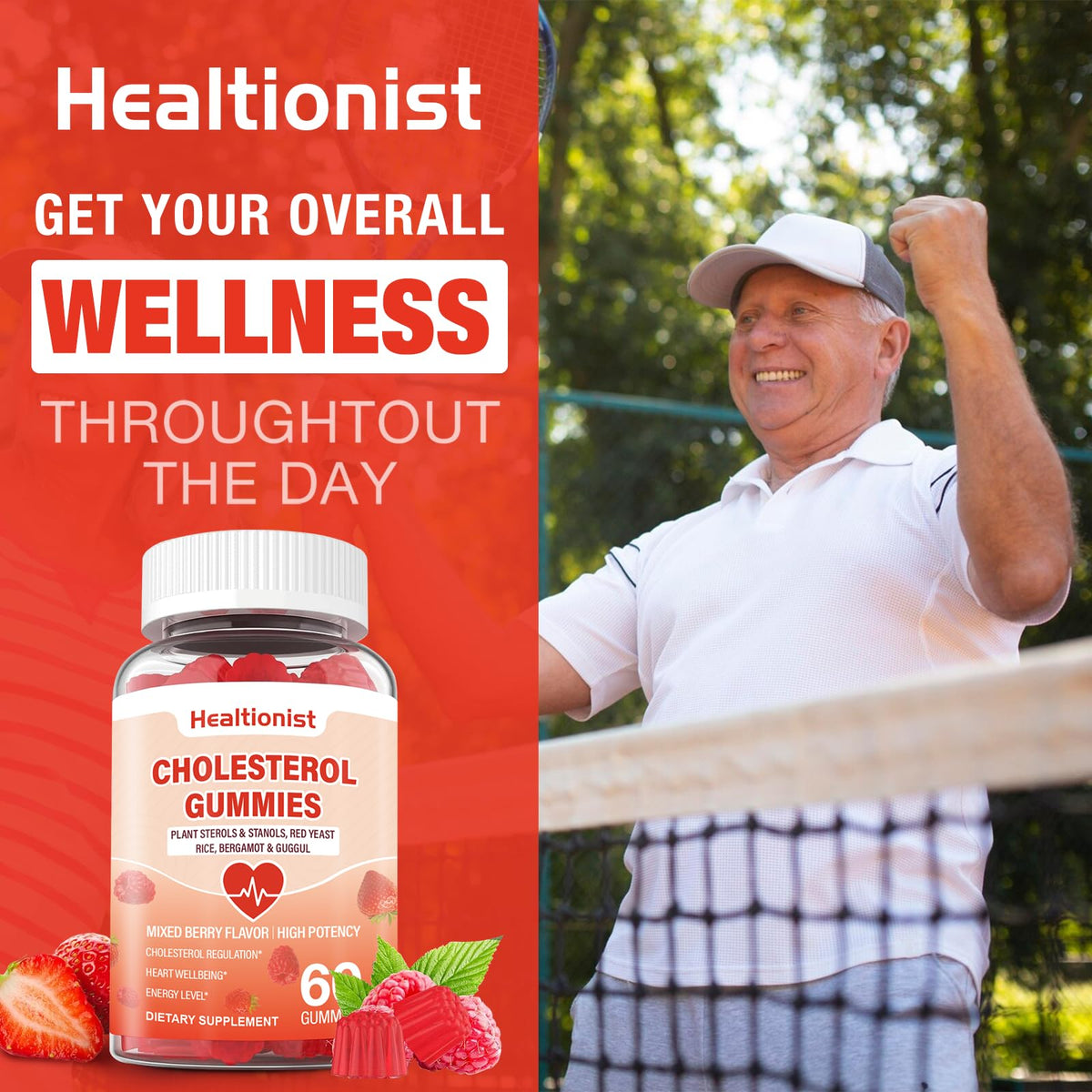 Gommes Healtionist sur un fond coloré avec fruits