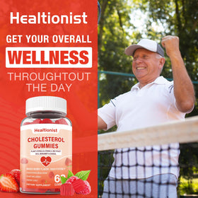 Gommes Healtionist sur un fond coloré avec fruits