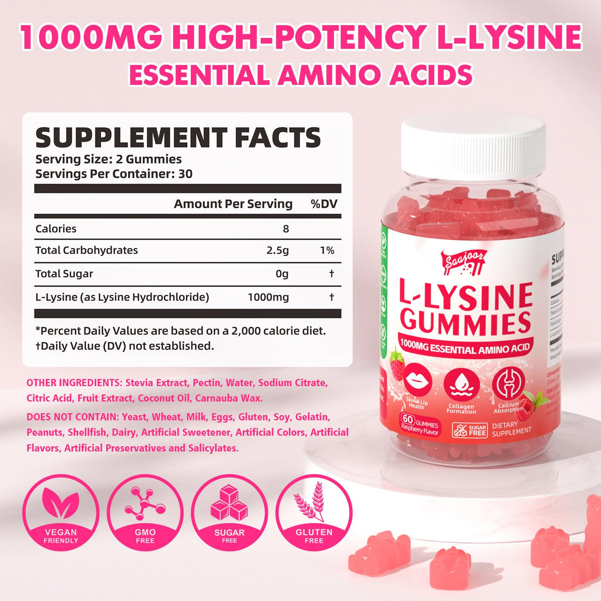 Gommes L-Lysine Saajoor, couleur framboise, vue de côté