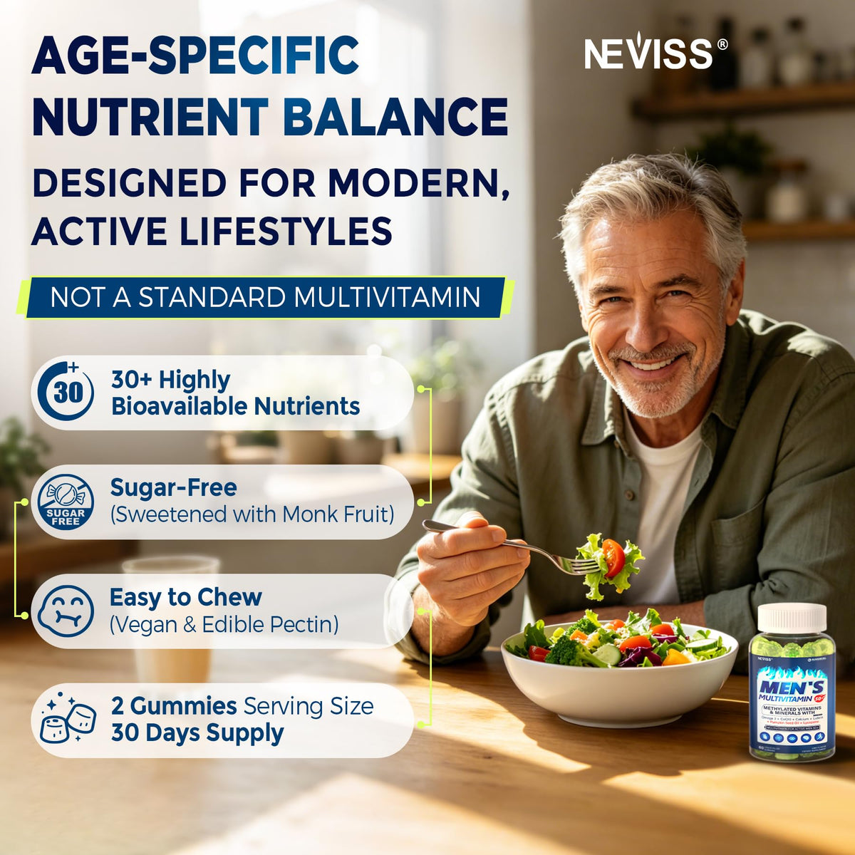 Gommes multivitamines NEVISS 50+ avec fruits frais en arrière-plan